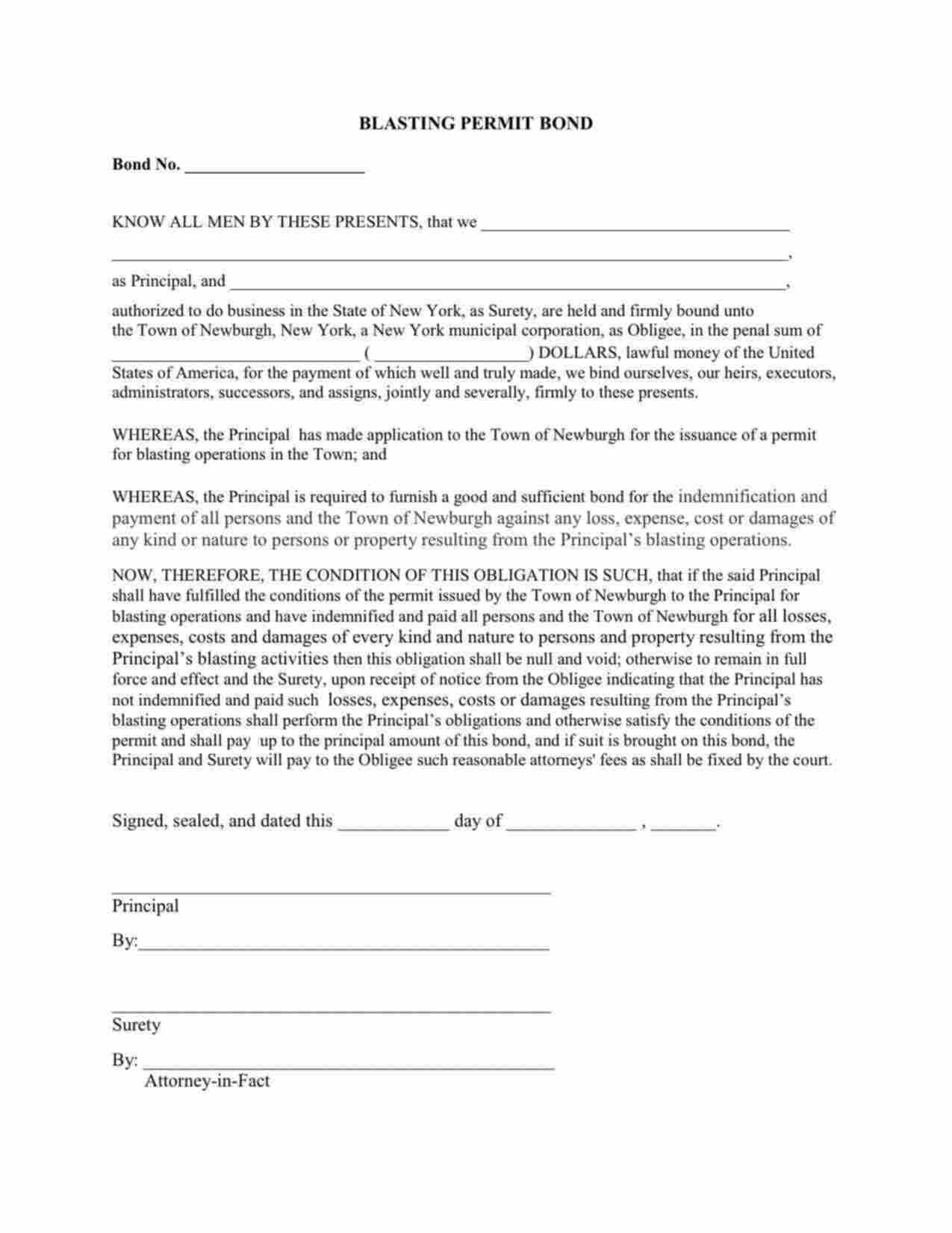 New York Blasting Permit Bond Form