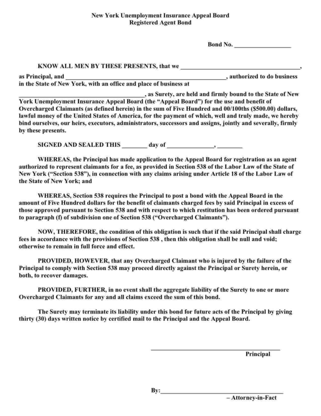 New York Registered Agent (Unemployment Appeal Board) Bond Form