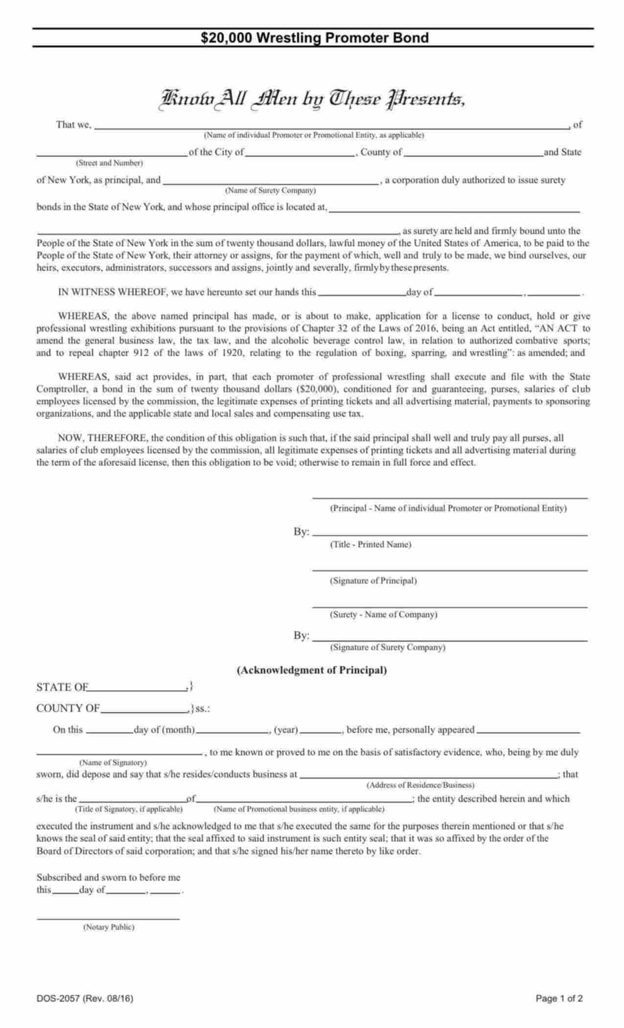 New York Wrestling Promoter Bond Form