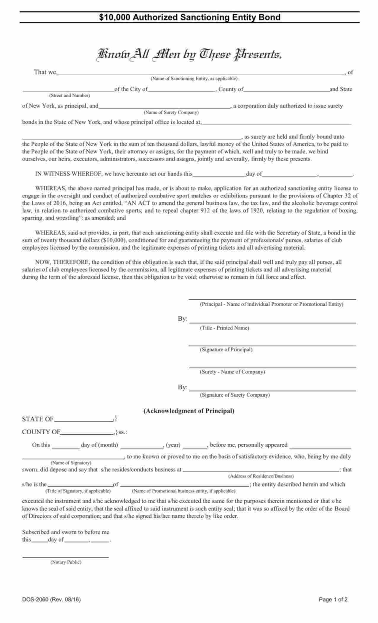 New York Authorized Sanctioning Entity Bond Form