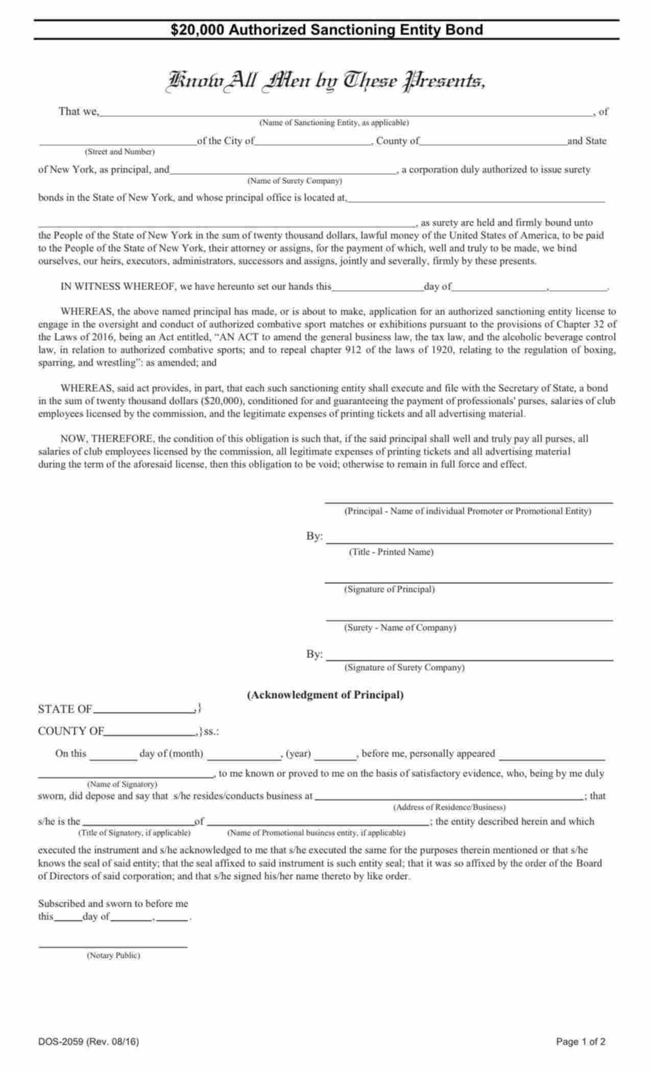 New York Authorized Sanctioning Entity Bond Form