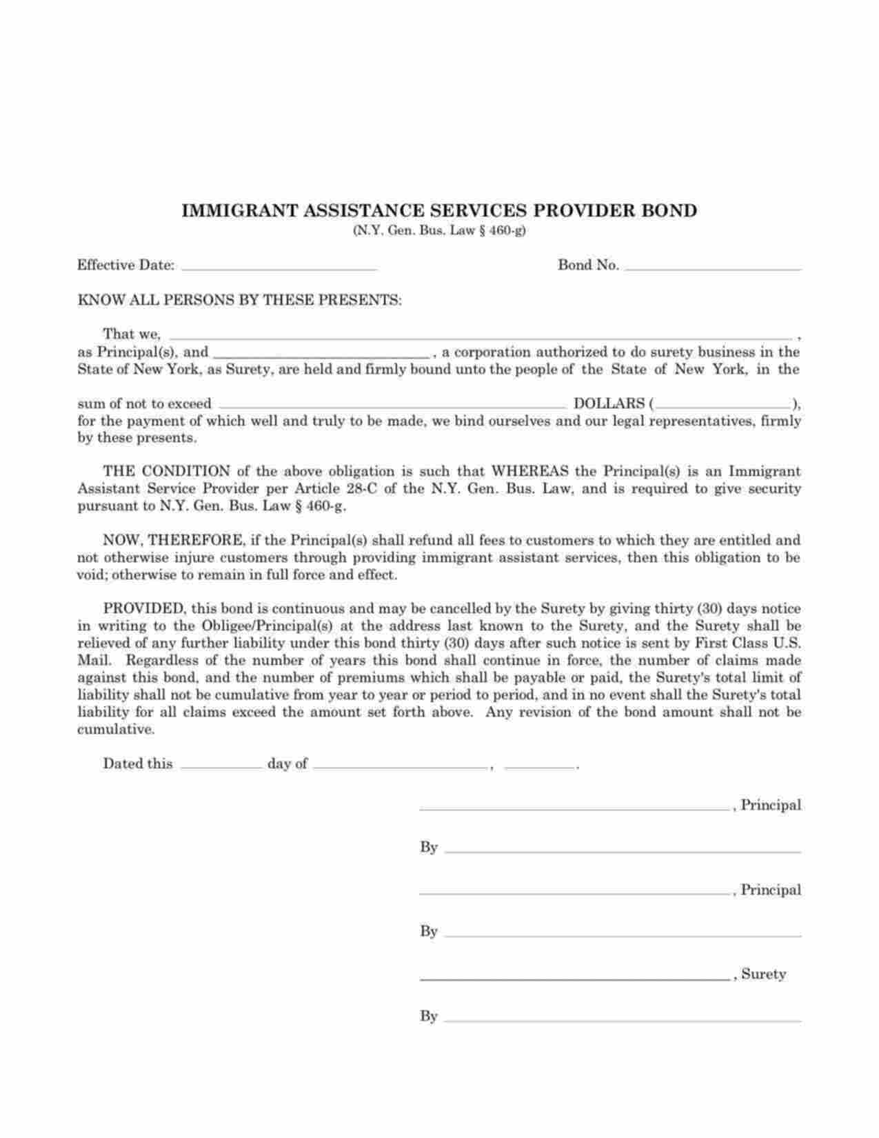 New York Immigrant Assistance Services Provider Bond Form