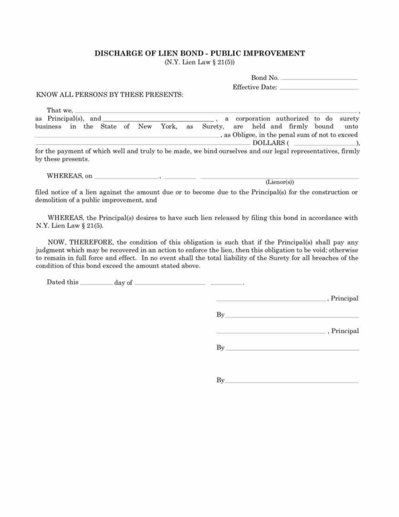 New York Discharge of Lien - Public Improvement Bond Form