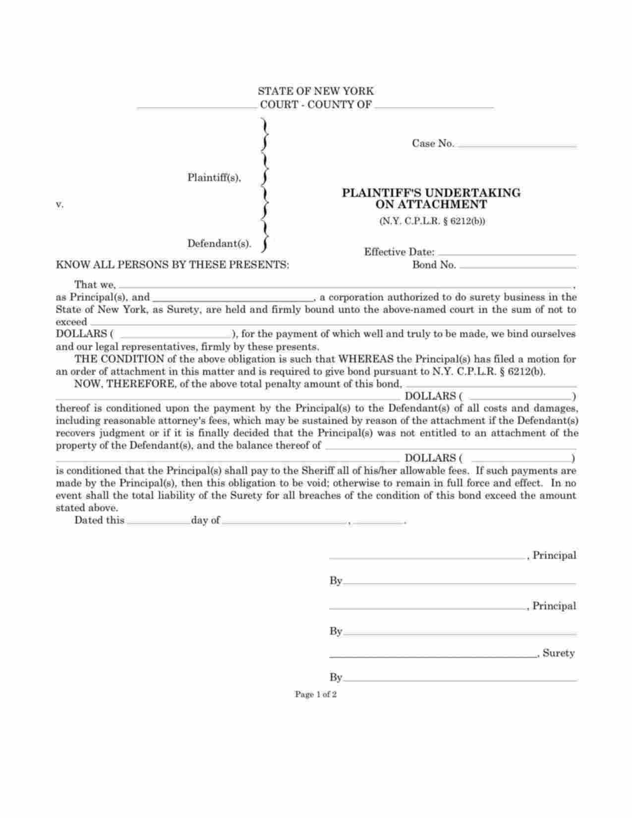 New York Plaintiffs Undertaking on Attachment Bond Form