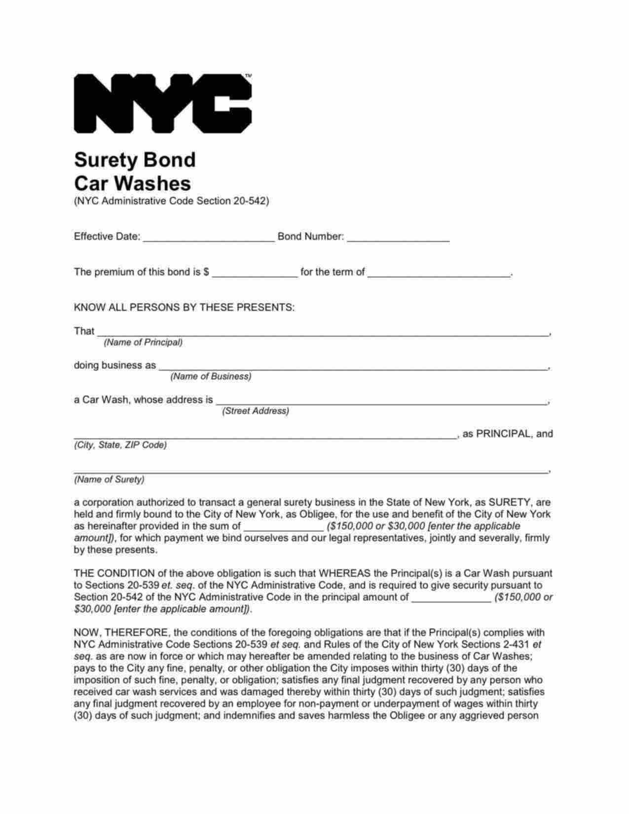 New York Car Washes Bond Form