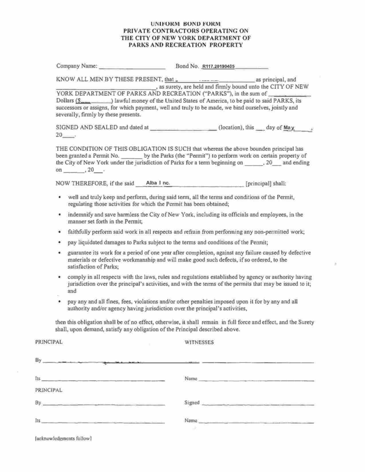 New York Private Contractors Permit (NYC Parks) Bond Form