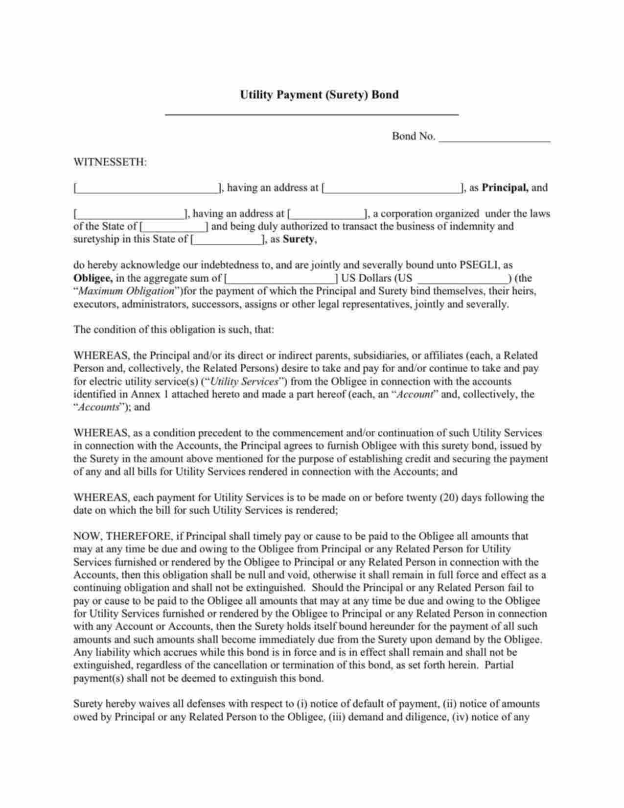 New York Utility Deposit Bond Form