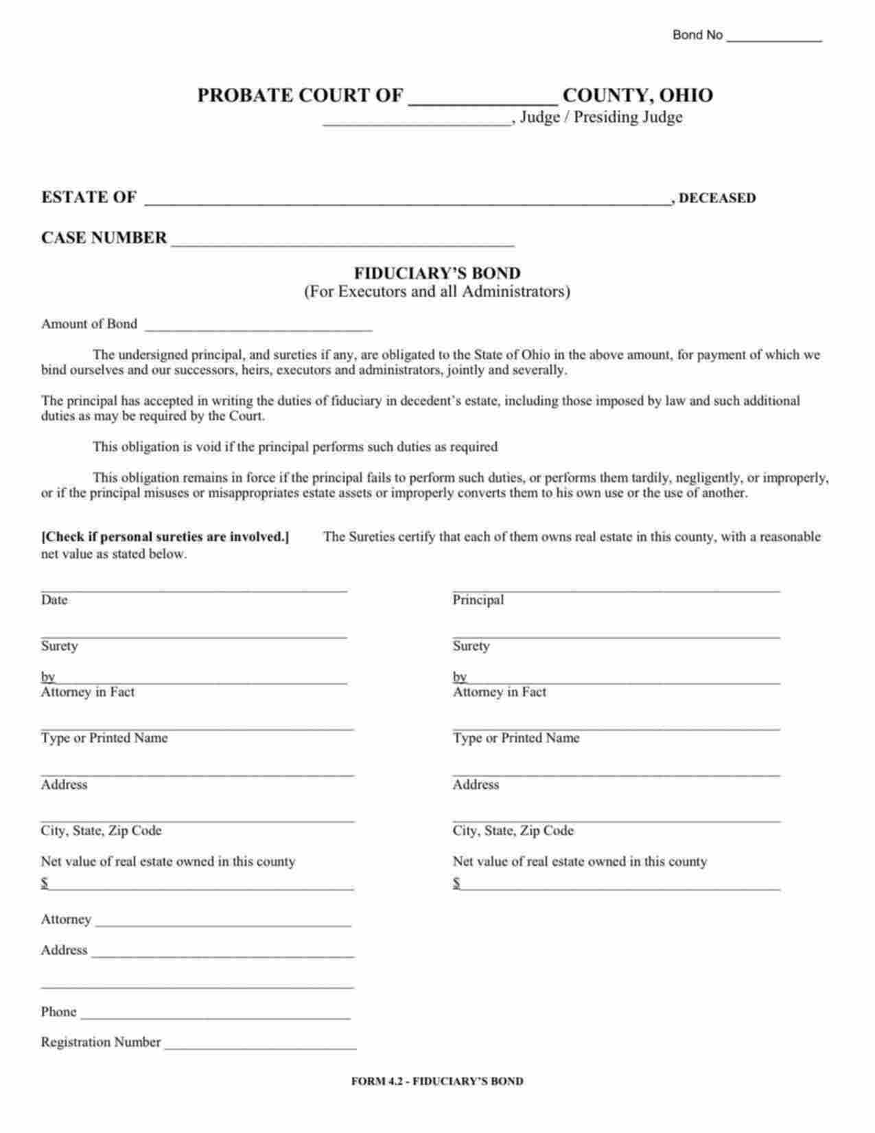 Ohio Administrator/Executor Bond Form