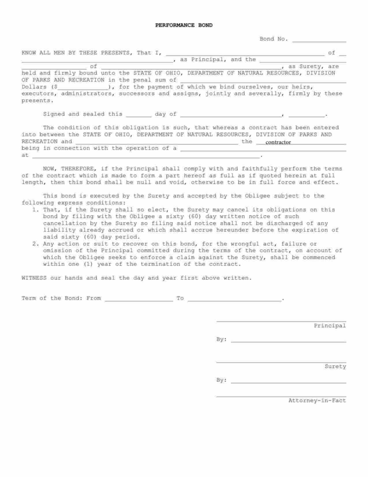 Ohio Contract Performance Bond Form