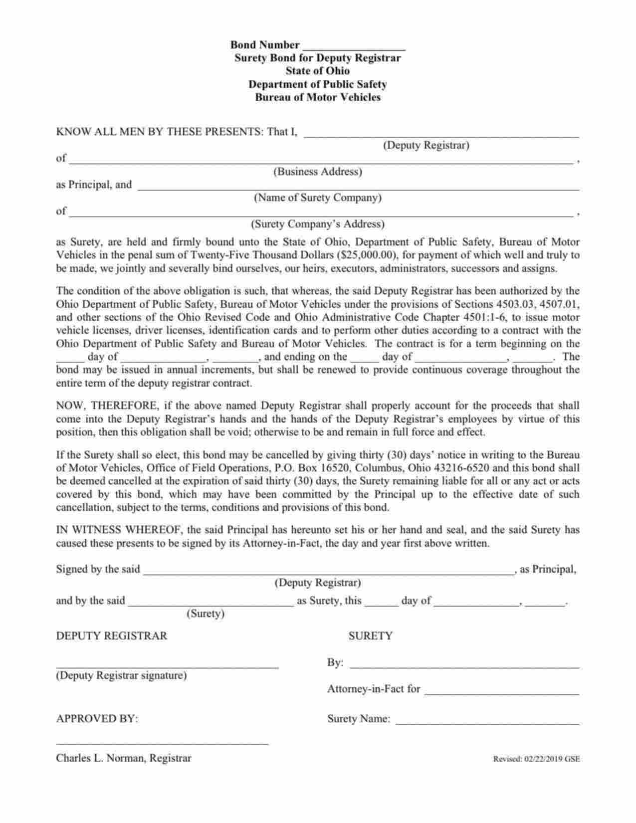 Ohio Deputy Registrar Bond Form