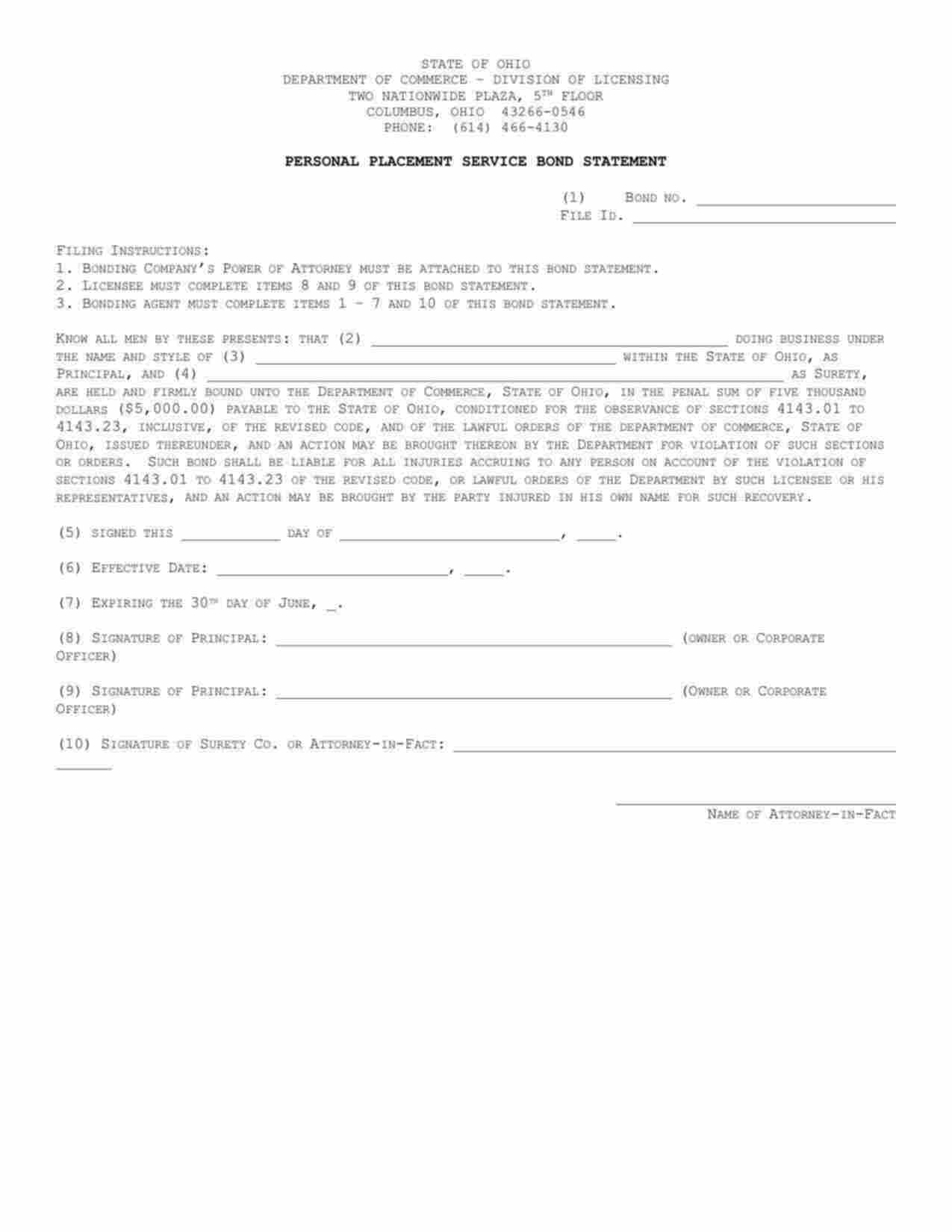 Ohio Personal Placement Service Bond Form