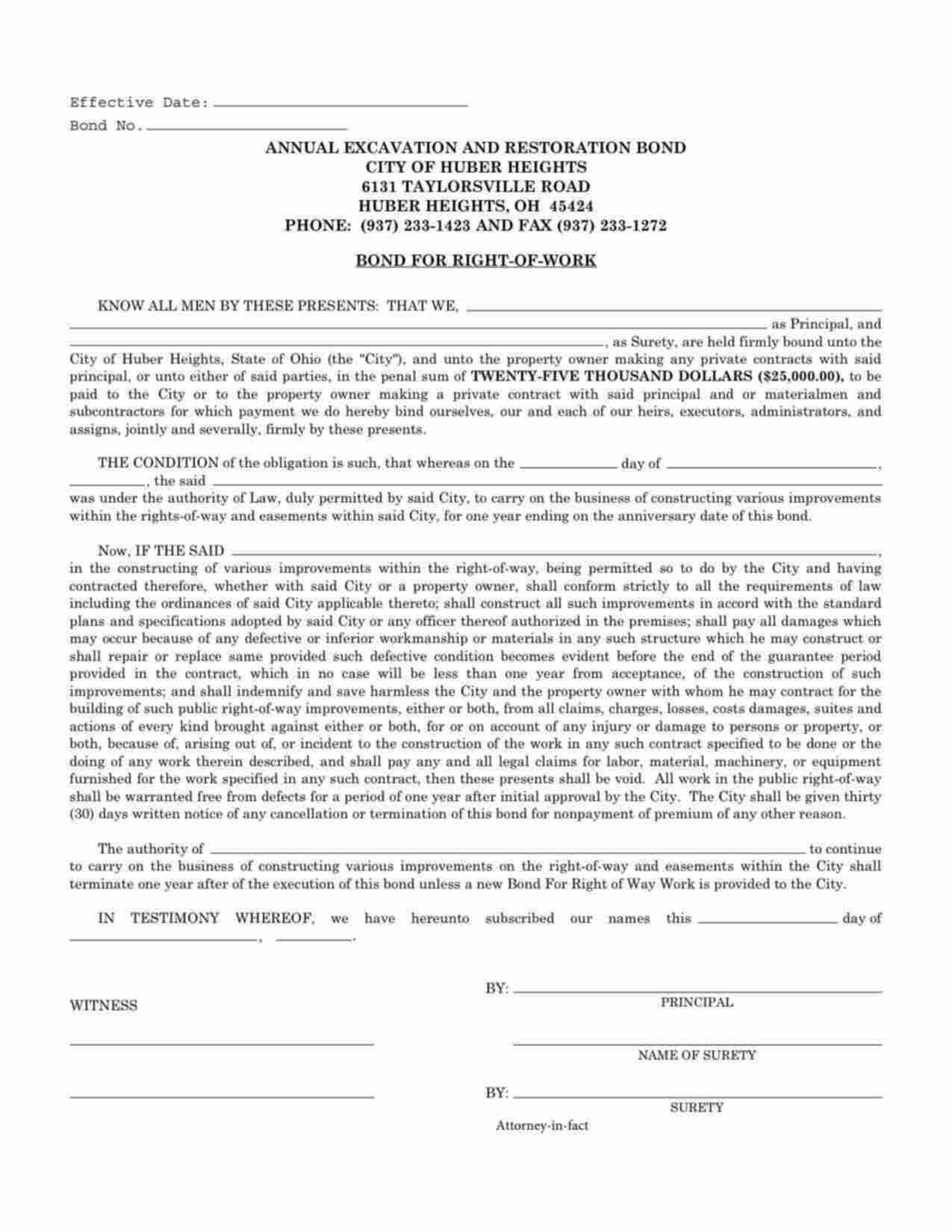 Ohio Annual Excavation and Restoration Bond Form