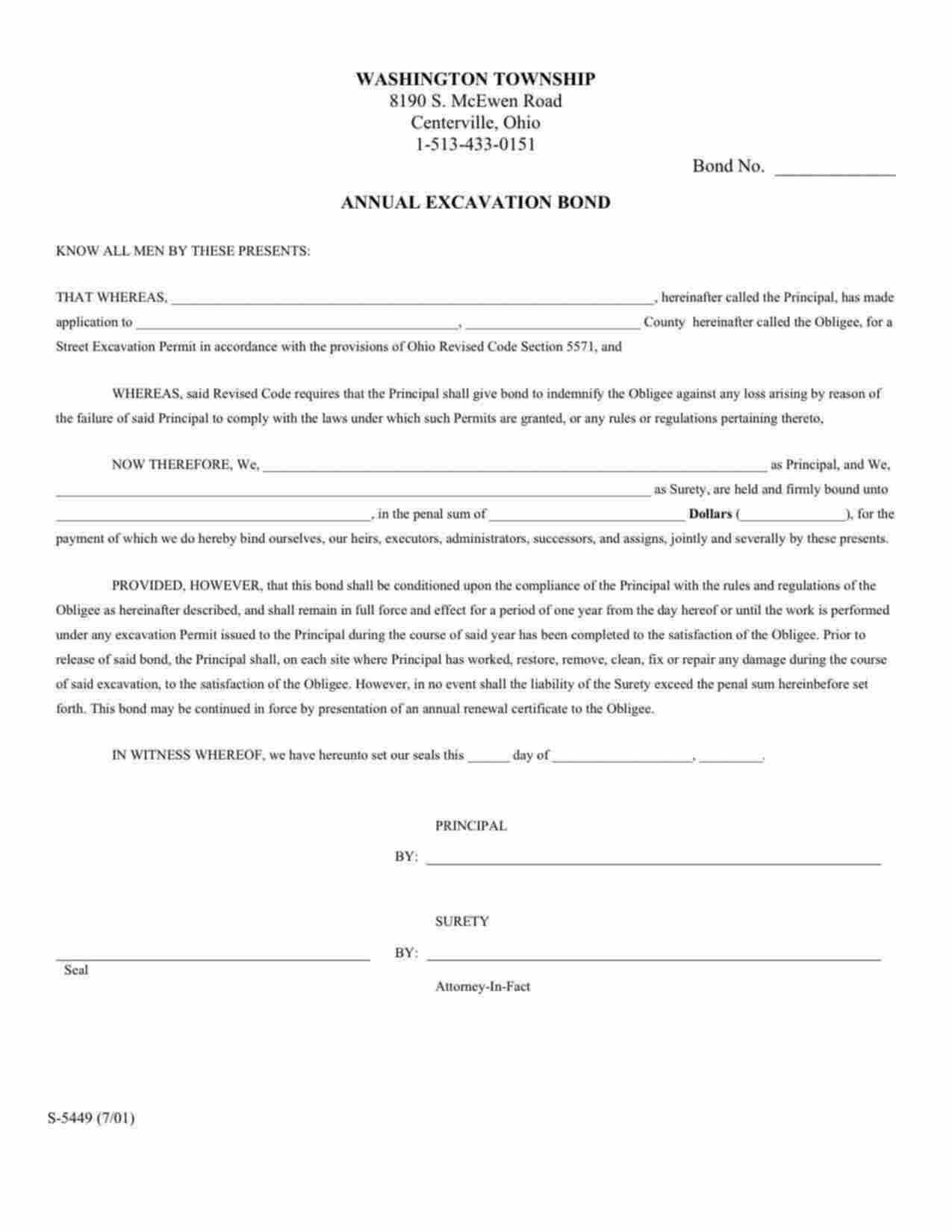 Ohio Annual Excavation Bond Form