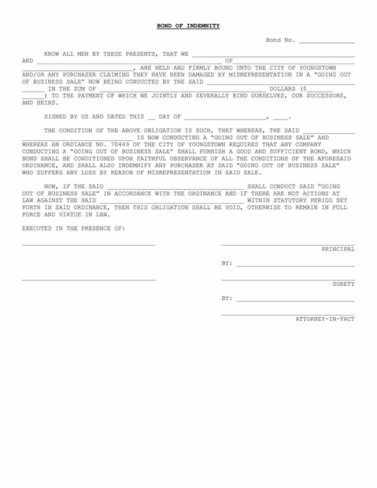 Ohio Going Out Of Business Sale Bond Form