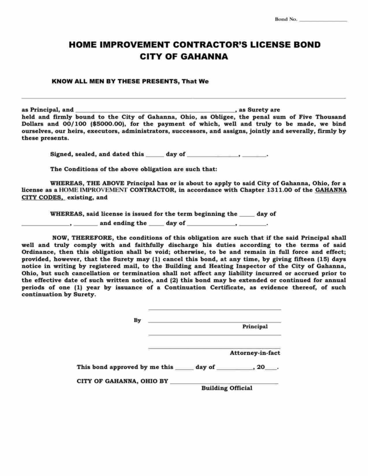 Ohio Home Improvement Contractor Bond Form