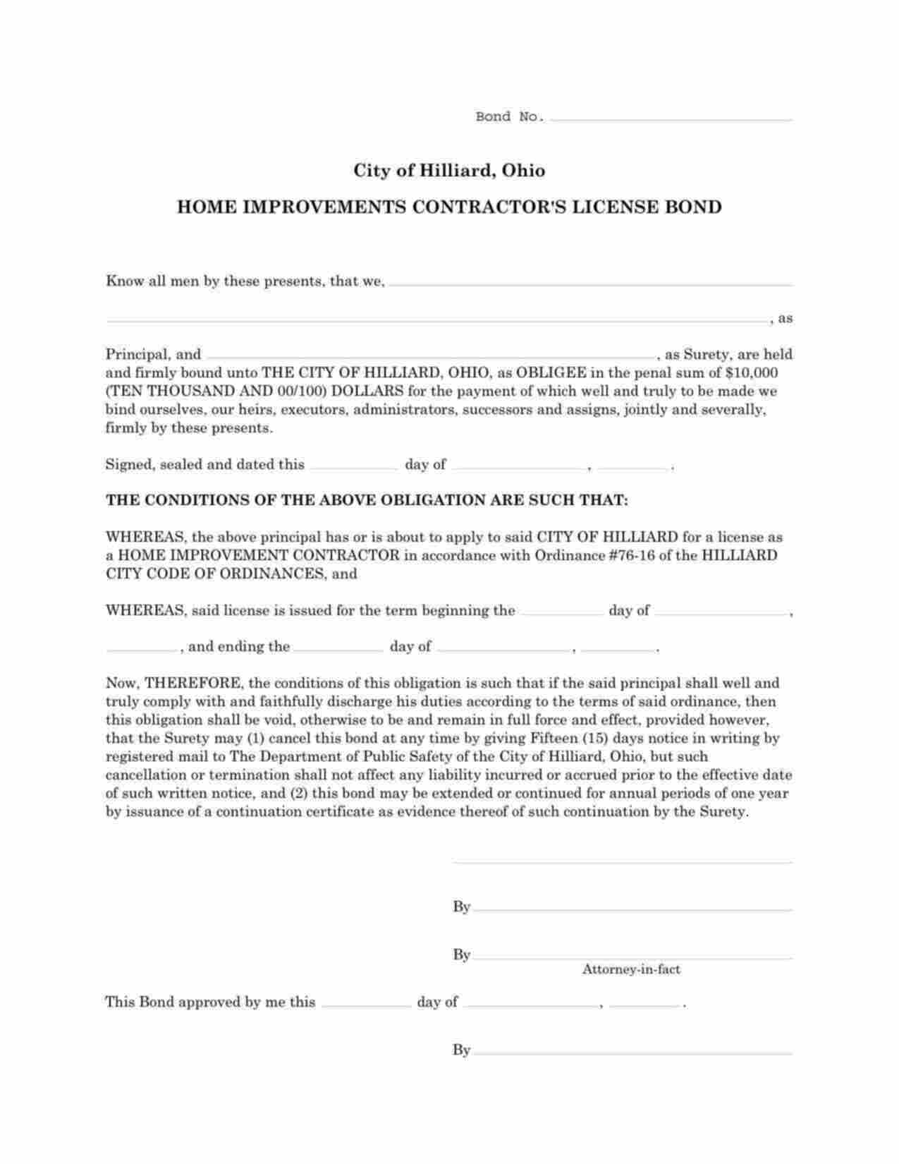 Ohio Home Improvements Contractor's License Bond Form