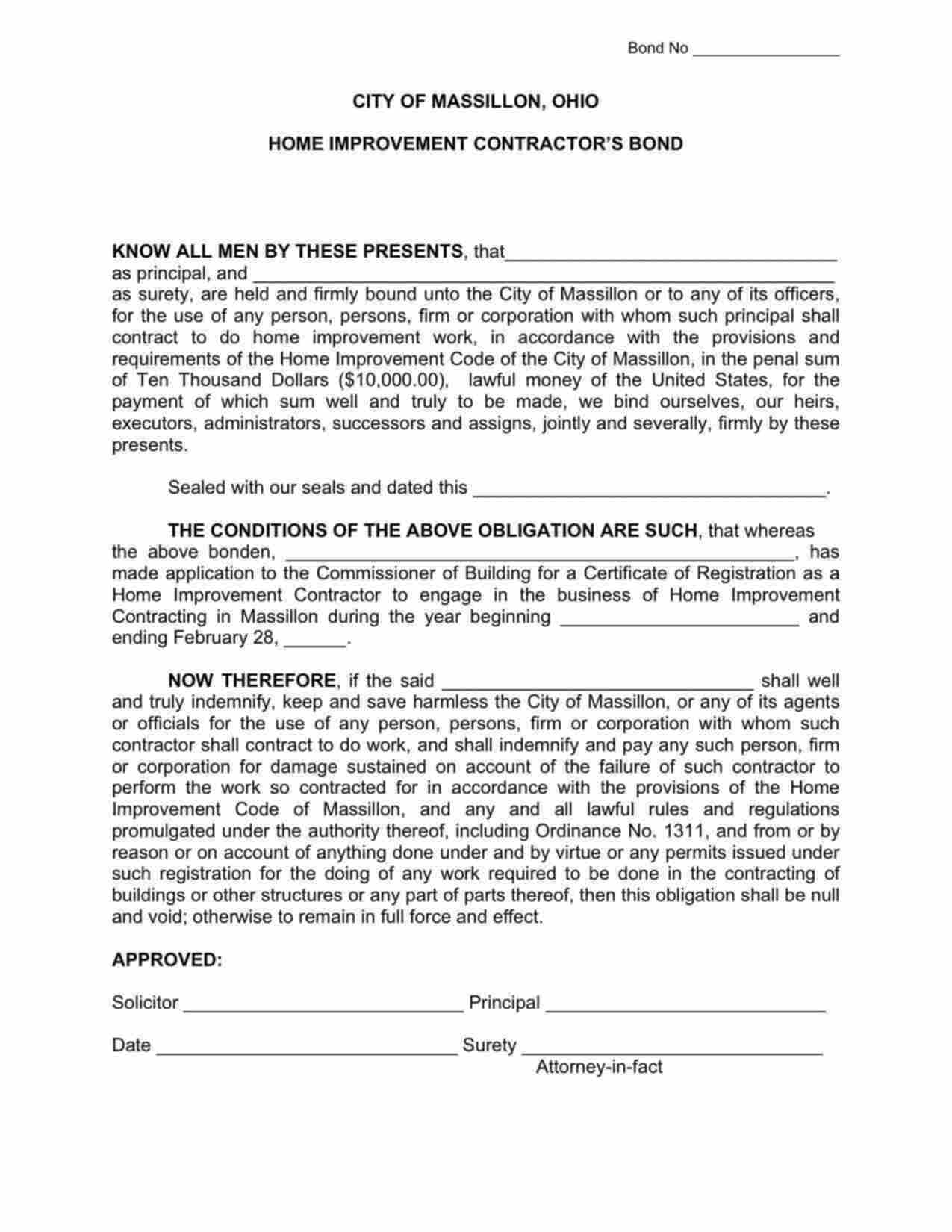 Ohio Home Improvement Contractor Bond Form