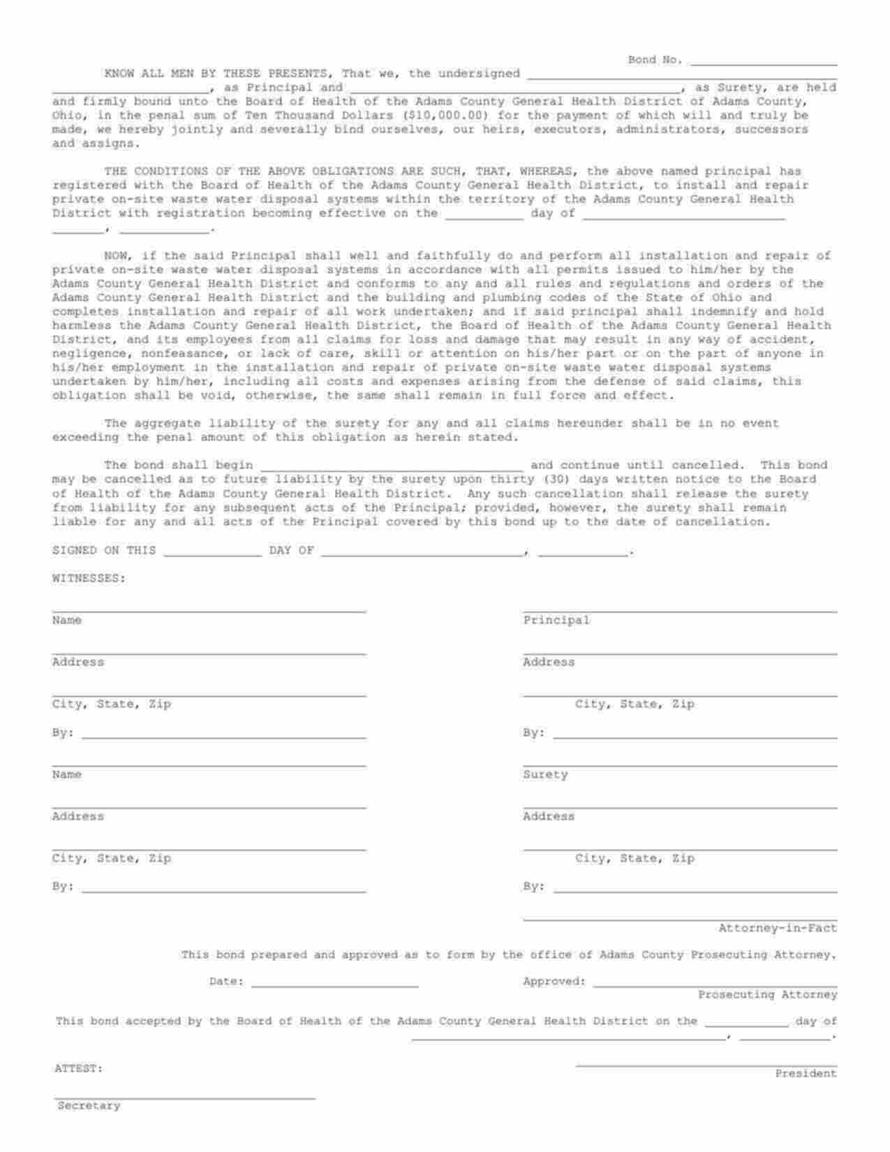 Ohio Waste Water Disposal Systems Installation and Repair Bond Form