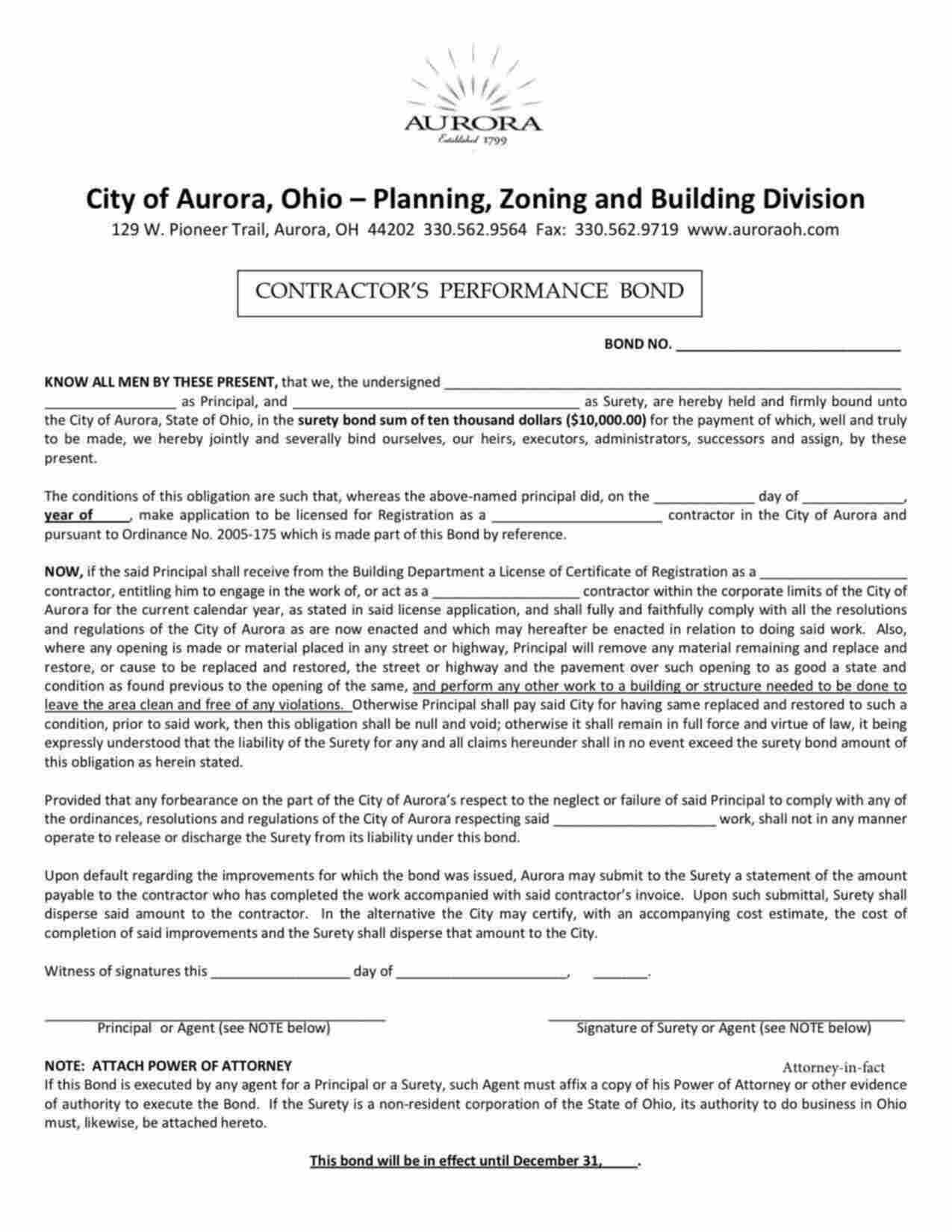 Ohio Contractor's Performance Bond Form