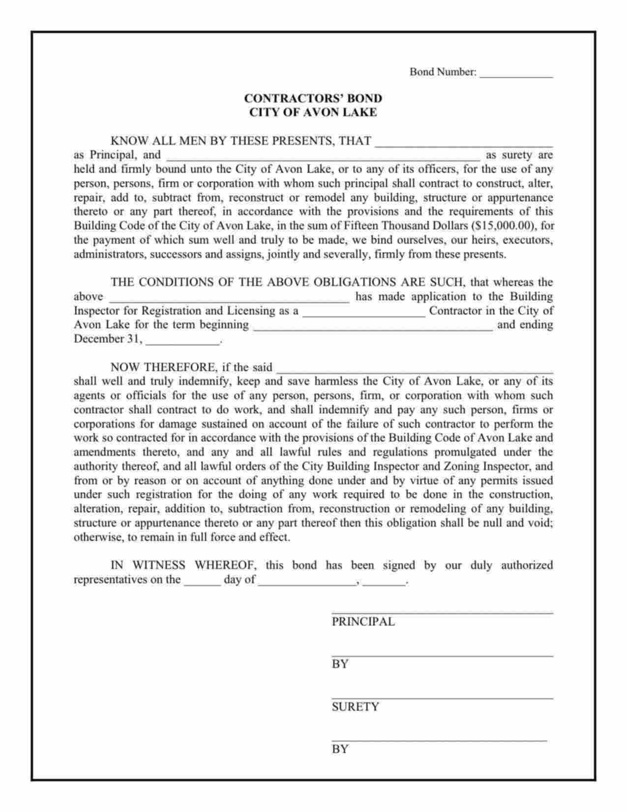 Ohio Contractors Bond Form