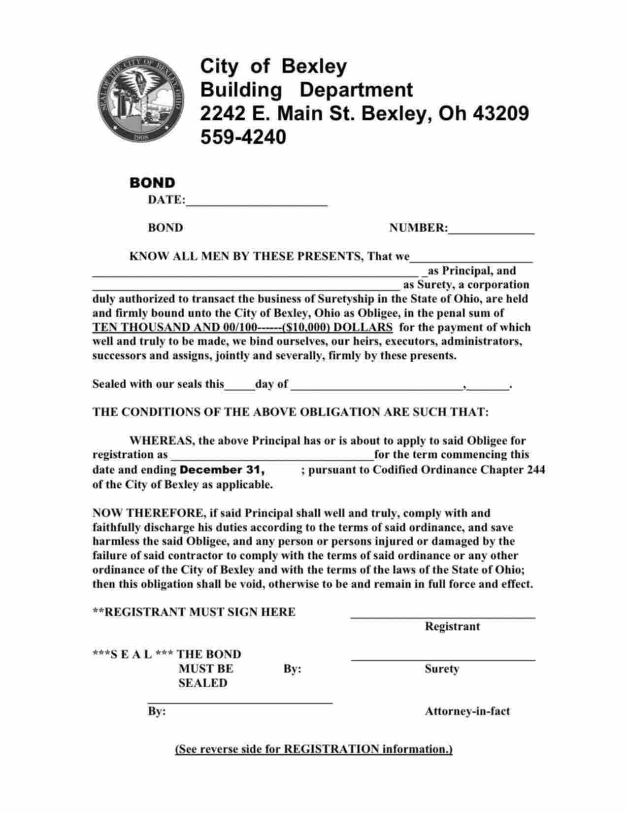 Ohio Contractor Bond Form