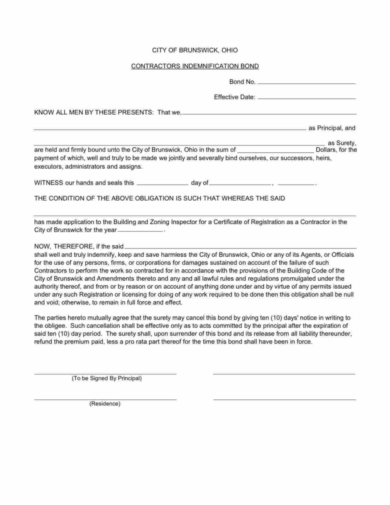 Ohio Contractors Indemnification Bond Form