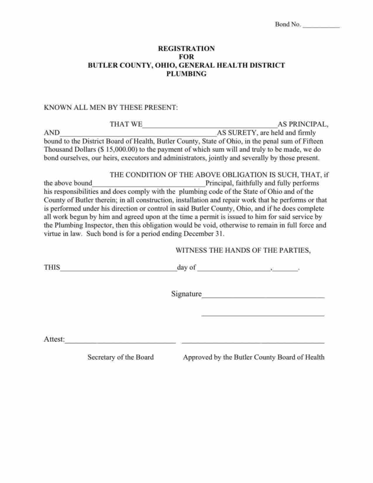 Ohio Plumbing Bond Form