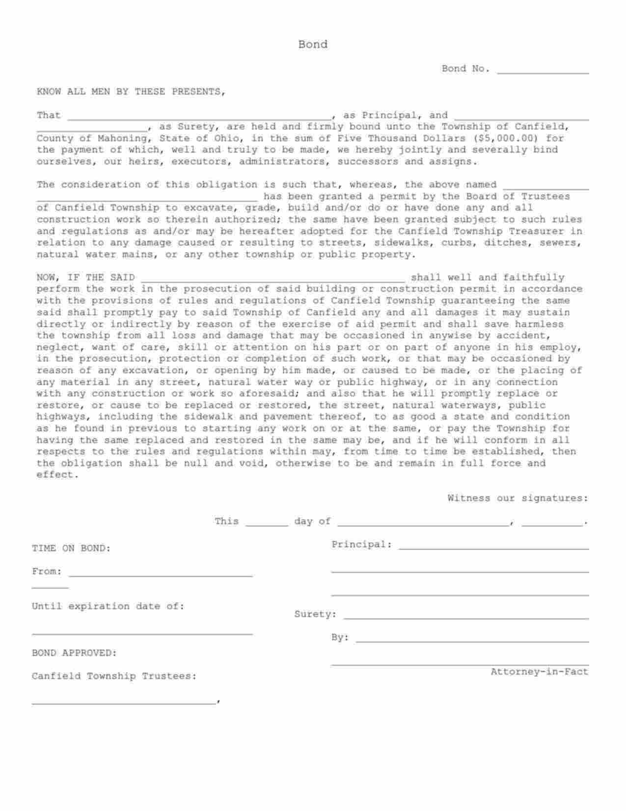 Ohio Building or Construction Permit Bond Form