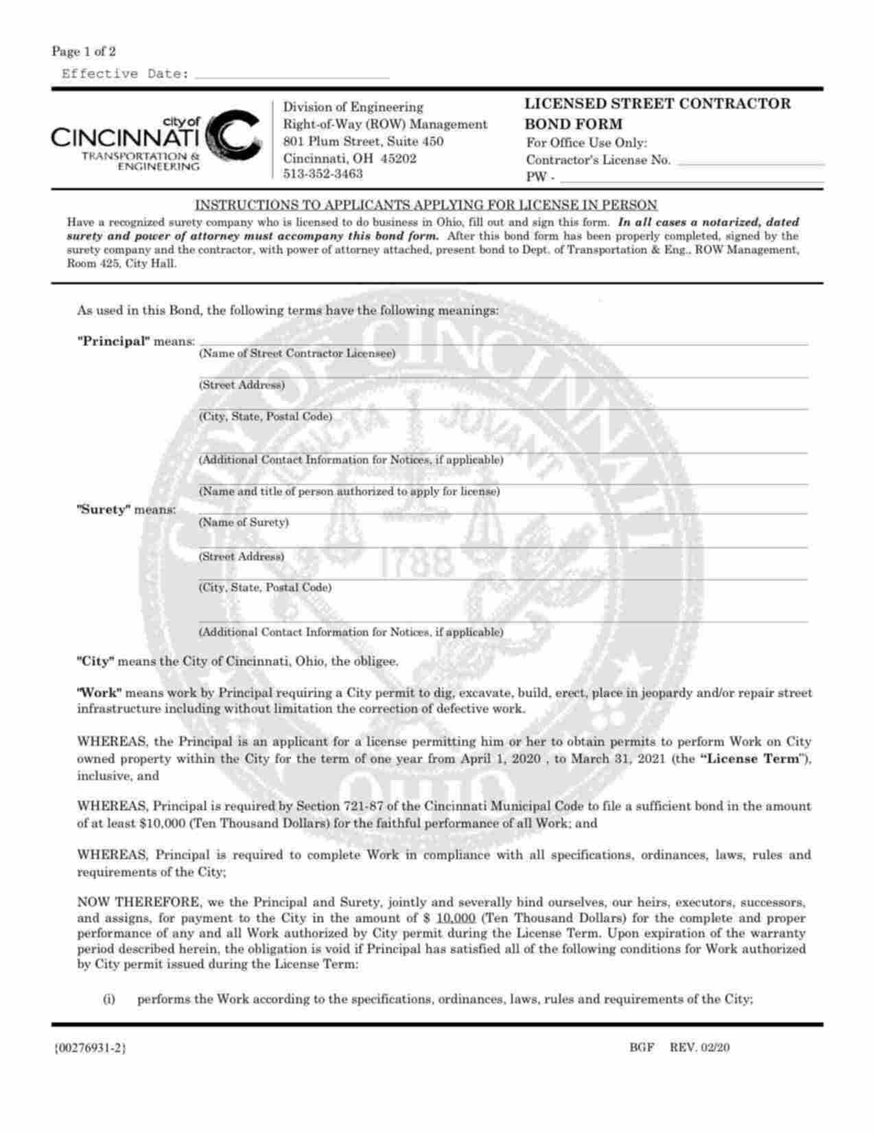 Ohio Licensed Street Contractor Bond Form