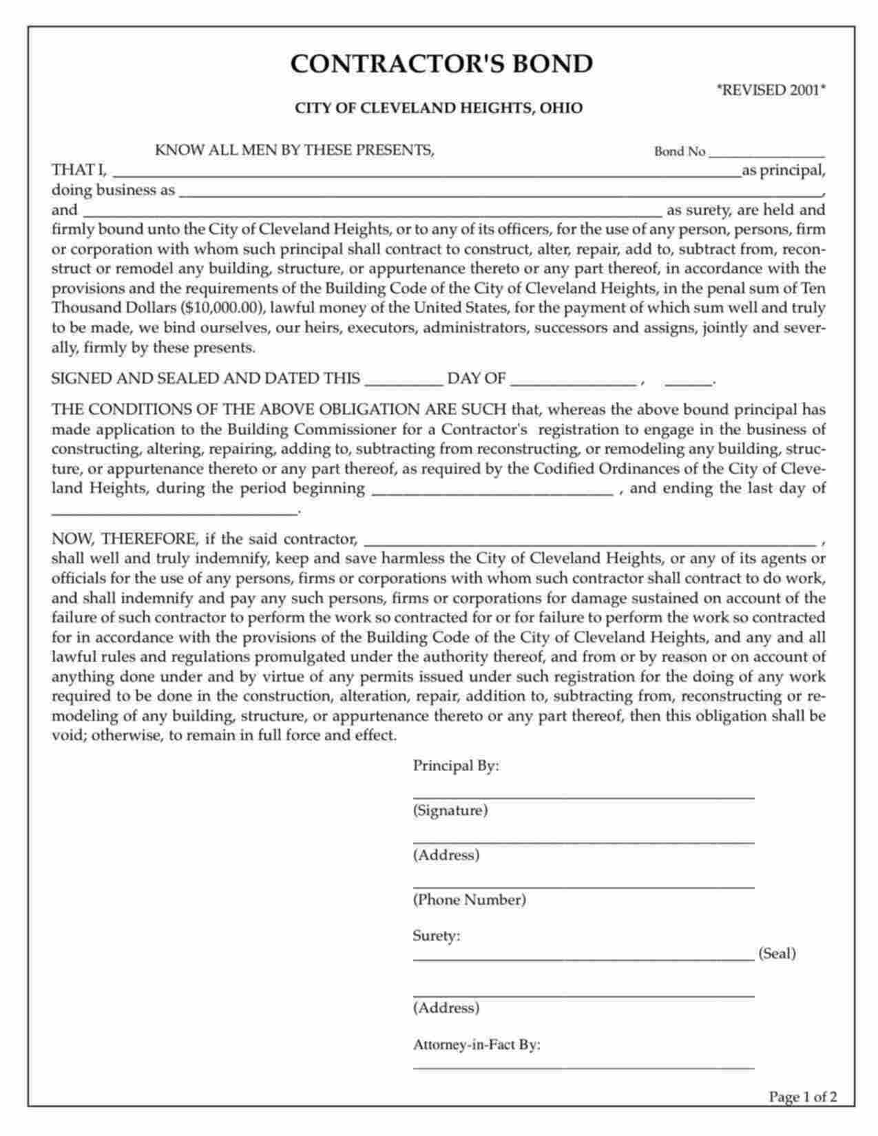 Ohio Contractor Bond Form