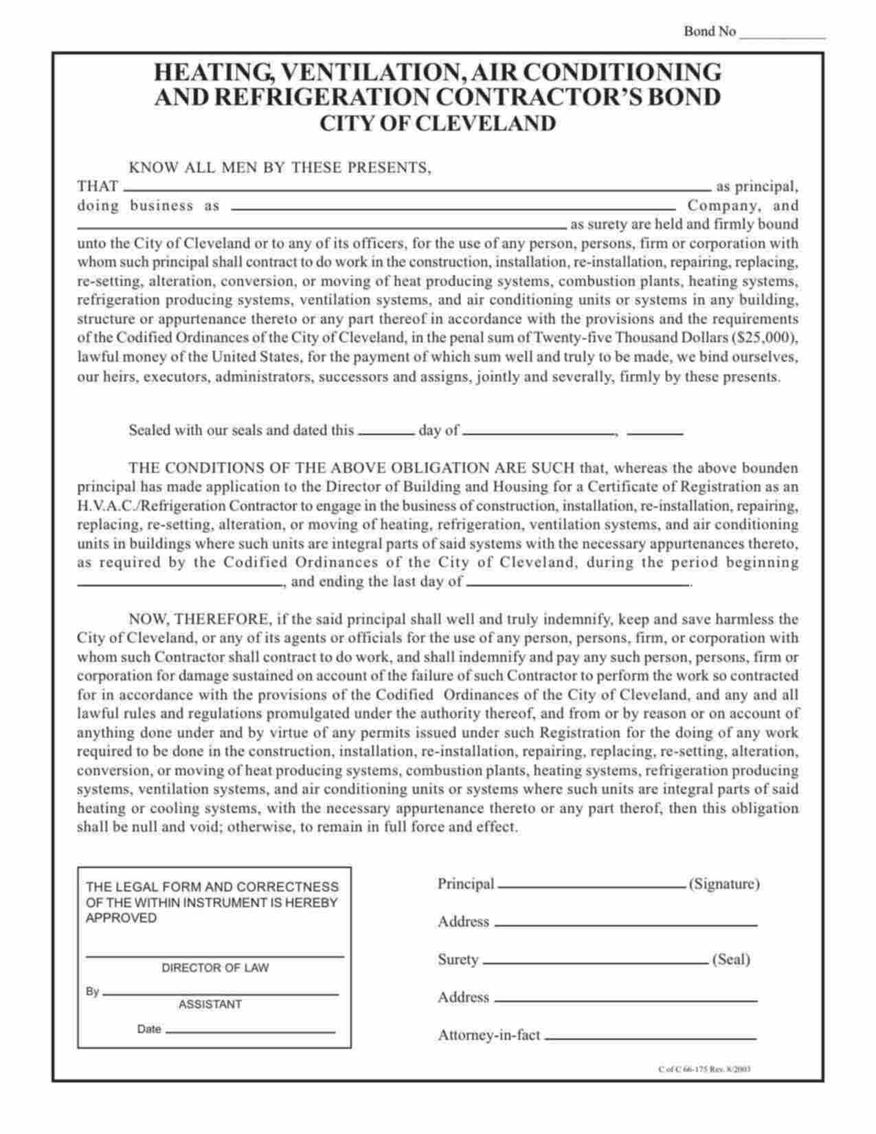 Ohio Heating, Ventilation, Air Conditioning and Refrigeration (HVAC) Contractor Bond Form