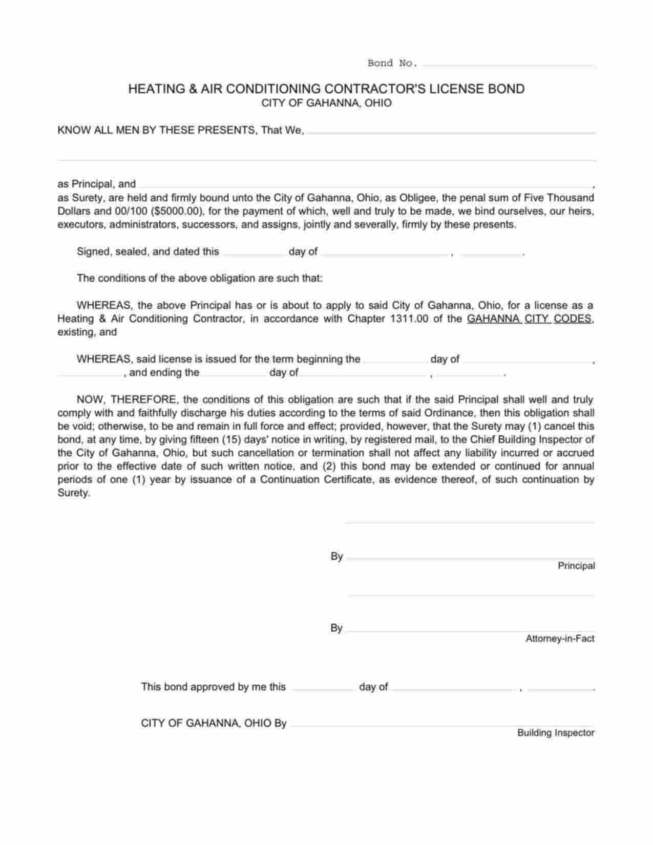 Ohio Heating & Air Conditioning (HVAC) Contractor Bond Form