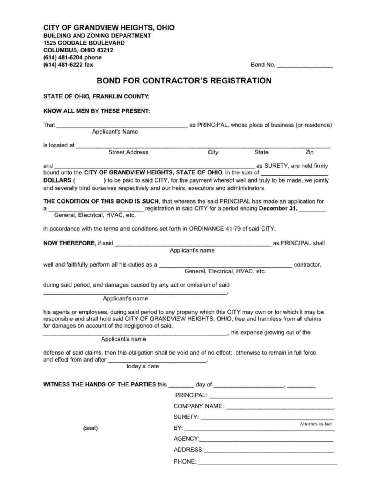 Ohio Contractors Registration Bond Form