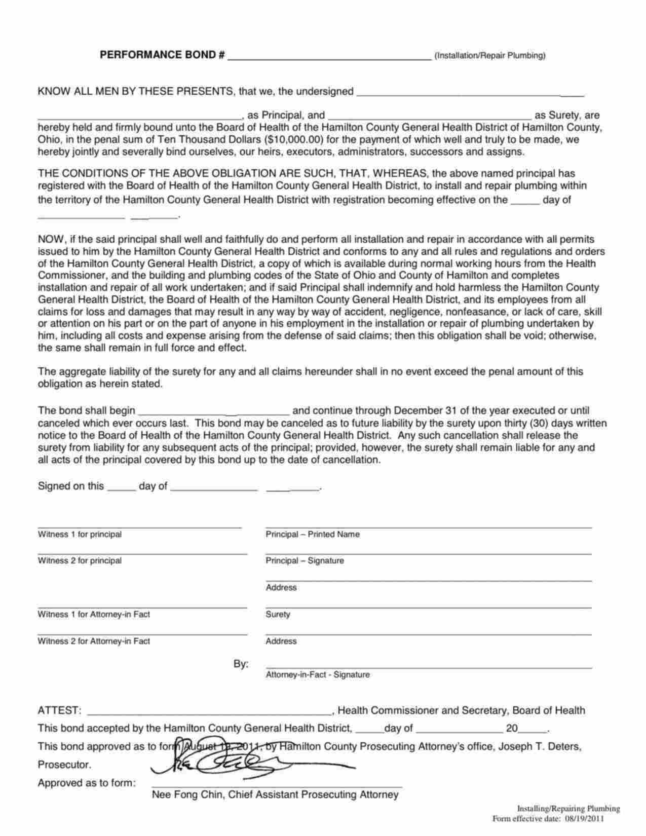 Ohio Installation/Repair Plumbing Performance Bond Form