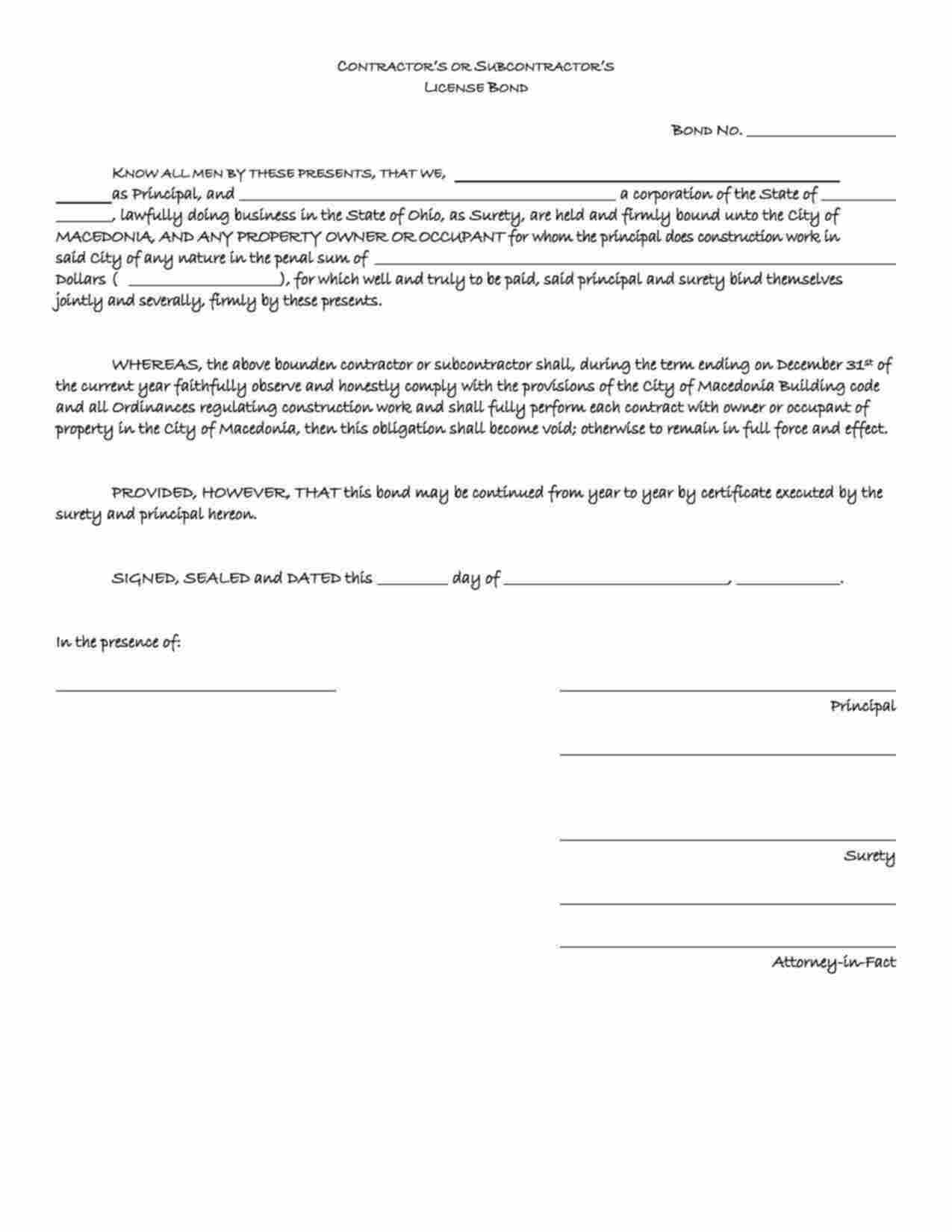 Ohio Contractor's License Bond Form