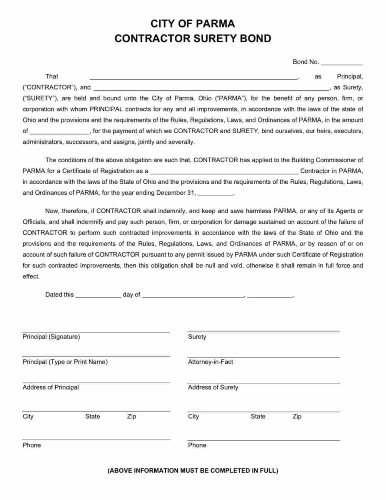 Ohio Contractor Bond Form