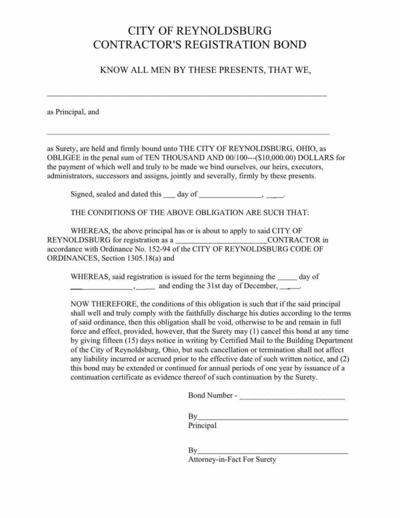 Ohio Contractor's Registration Bond Form