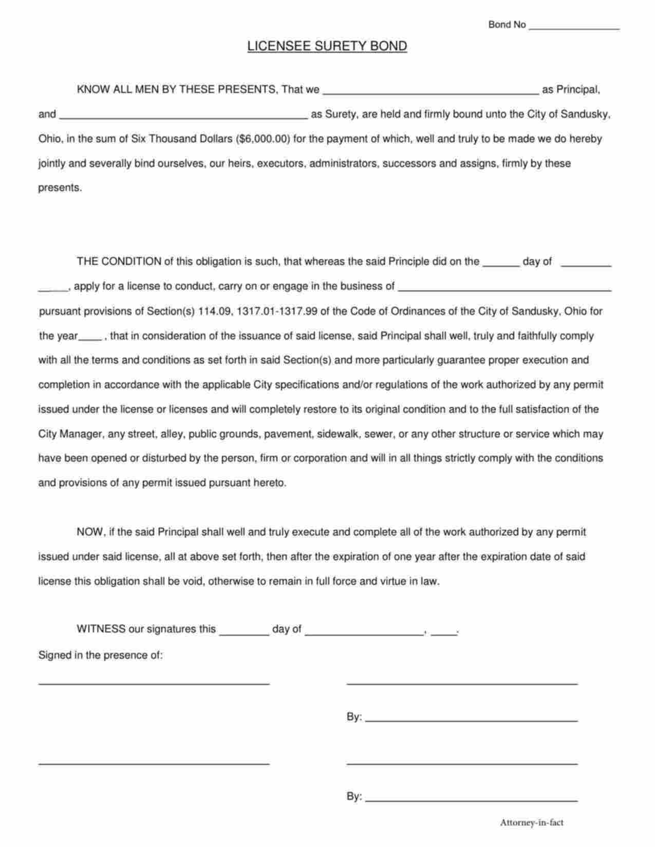 Ohio License/Permit Bond Form