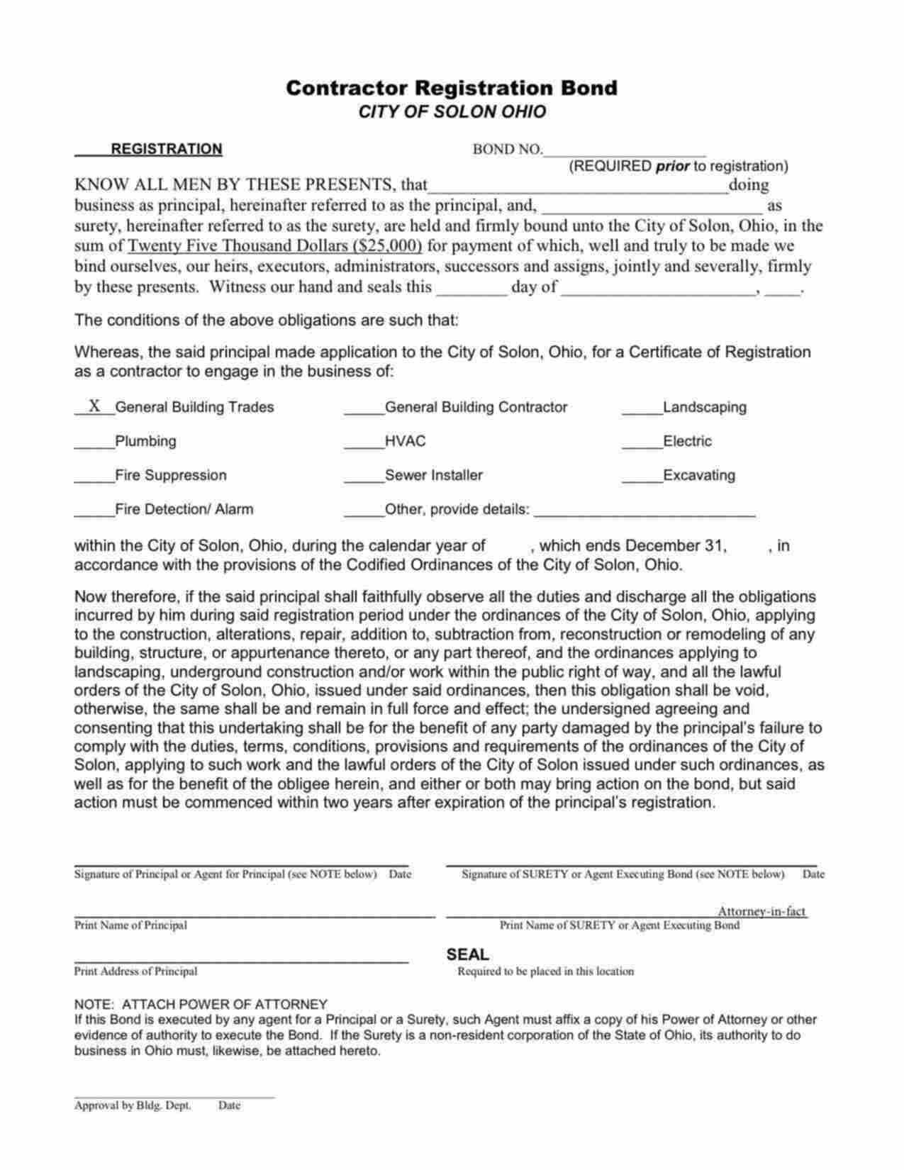 Ohio Contractor Registration - General Building Trades Bond Form