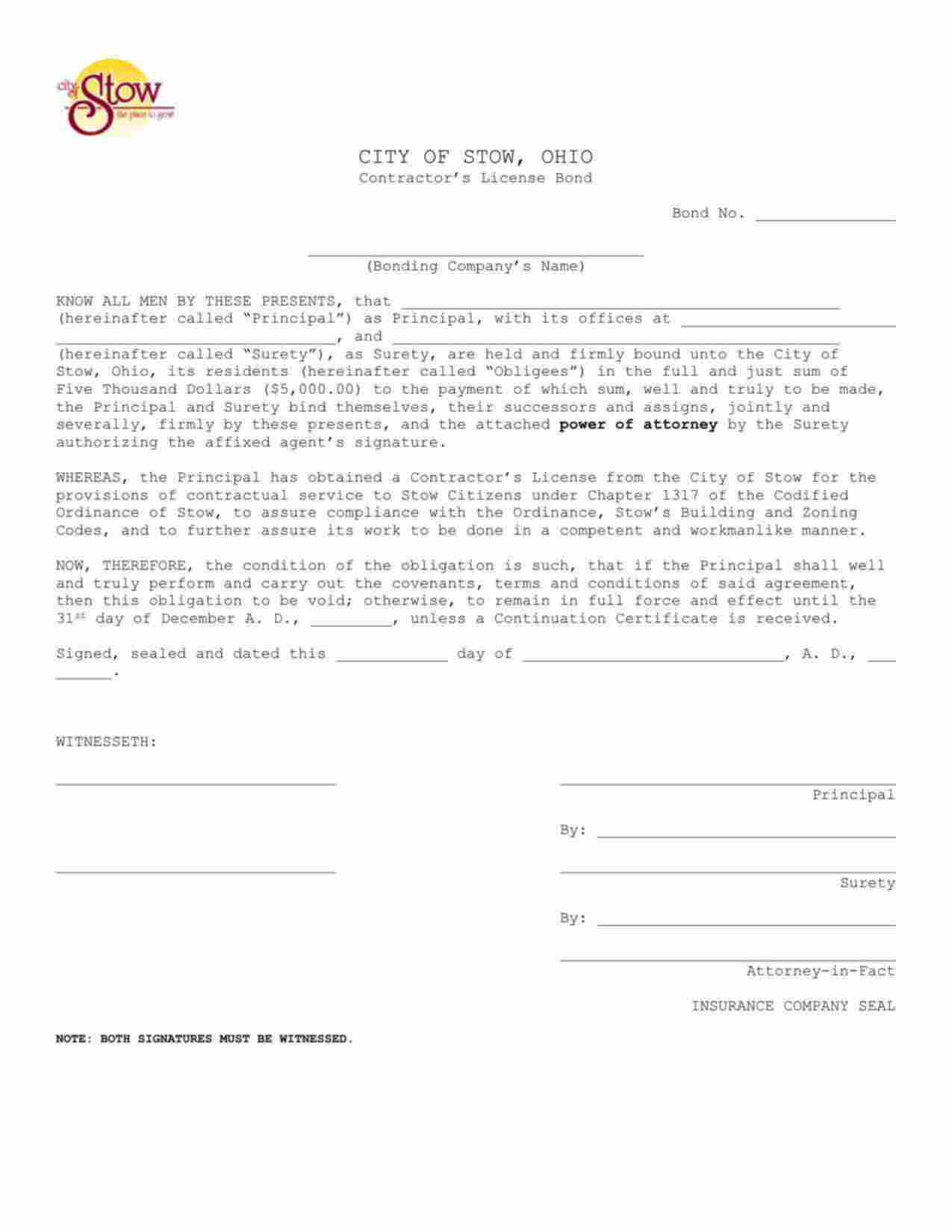 Ohio Contractor's License Bond Form