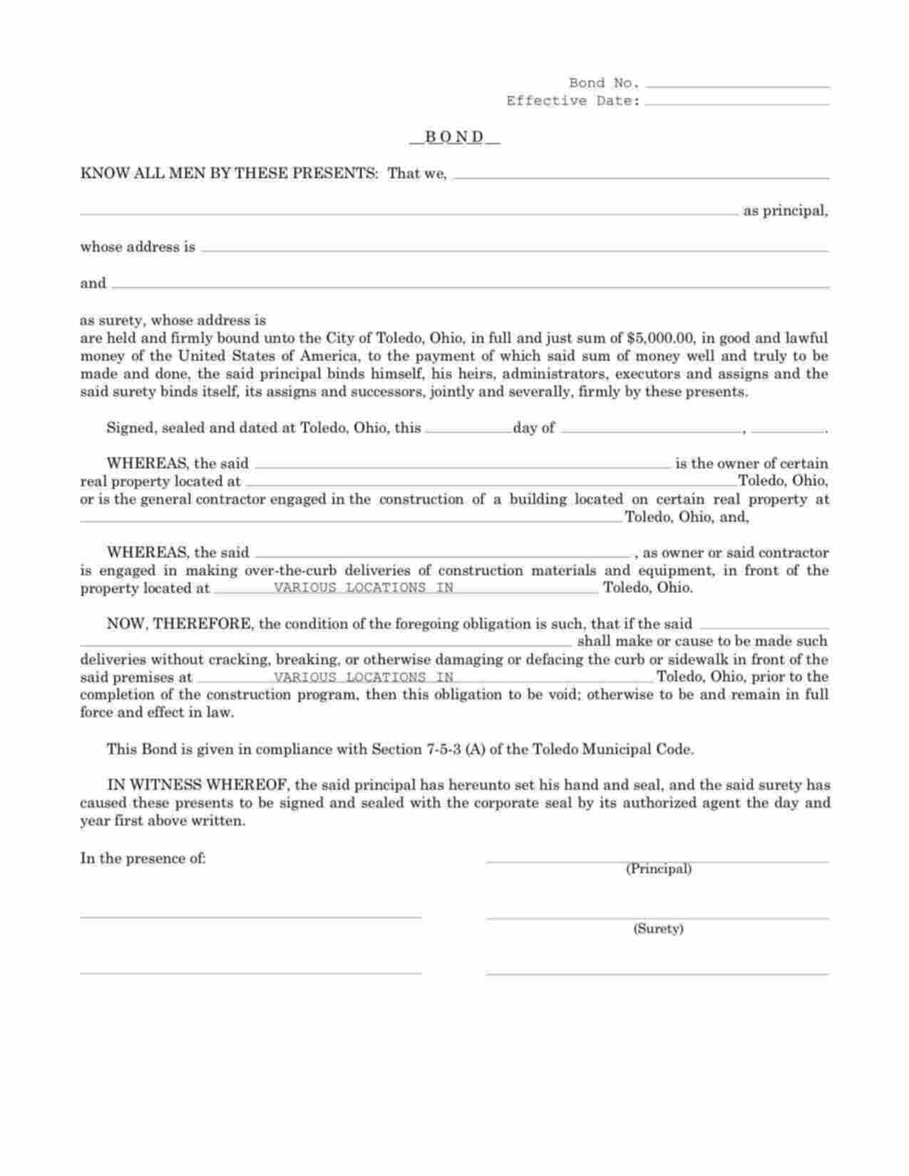 Ohio Over the Curb Delivery Bond Form