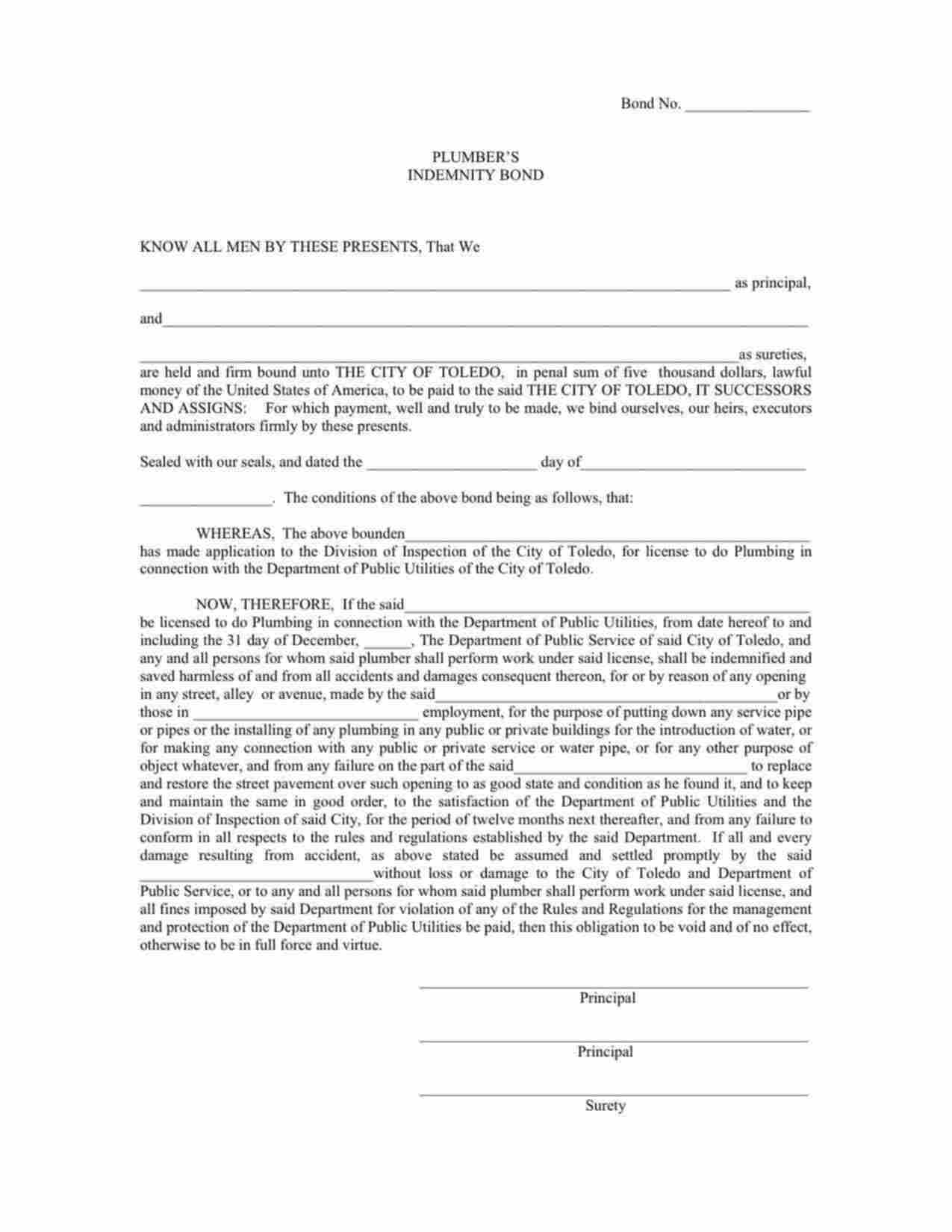 Ohio Plumbers Indemnity Bond Form