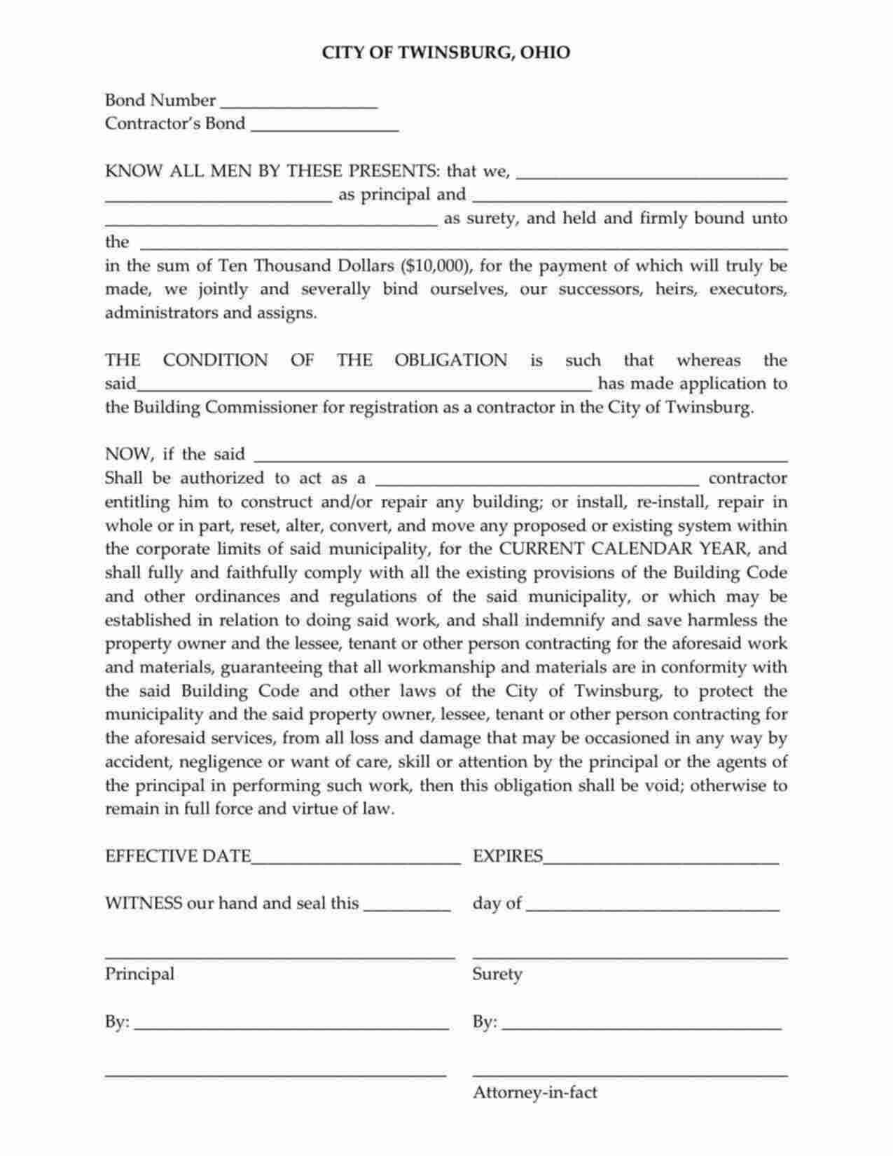 Ohio Contractor Registration Bond Form