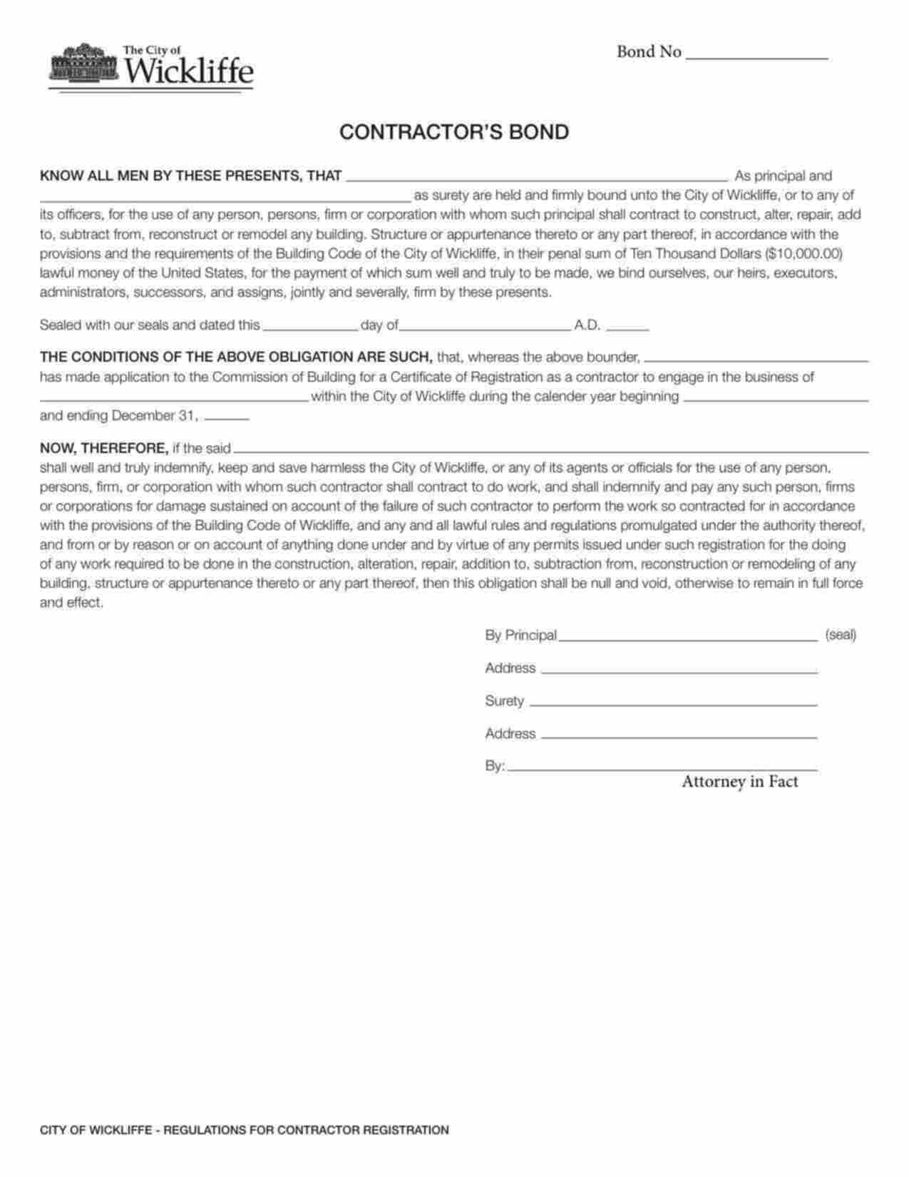 Ohio Contractor Registration Bond Form