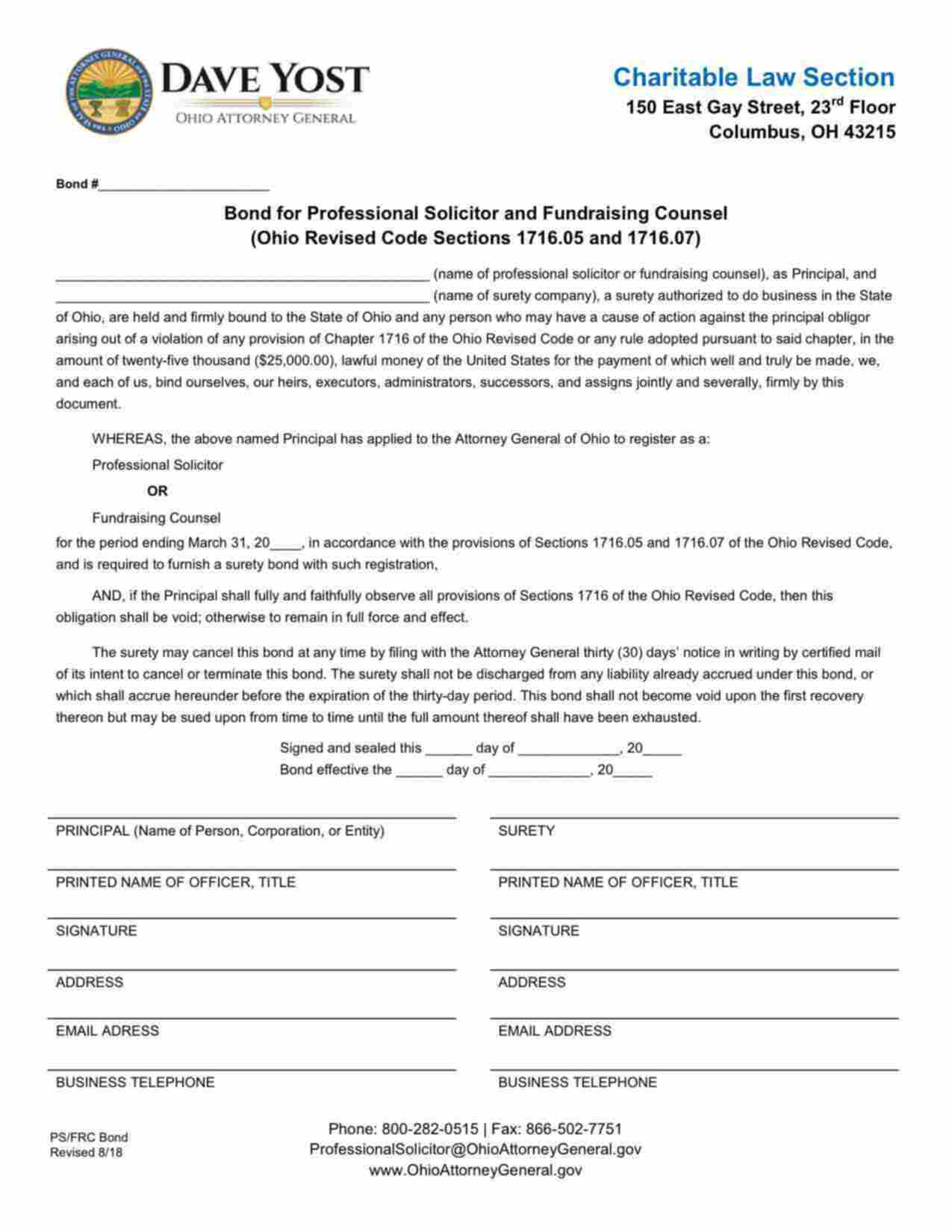 Ohio Professional Solicitor Bond Form