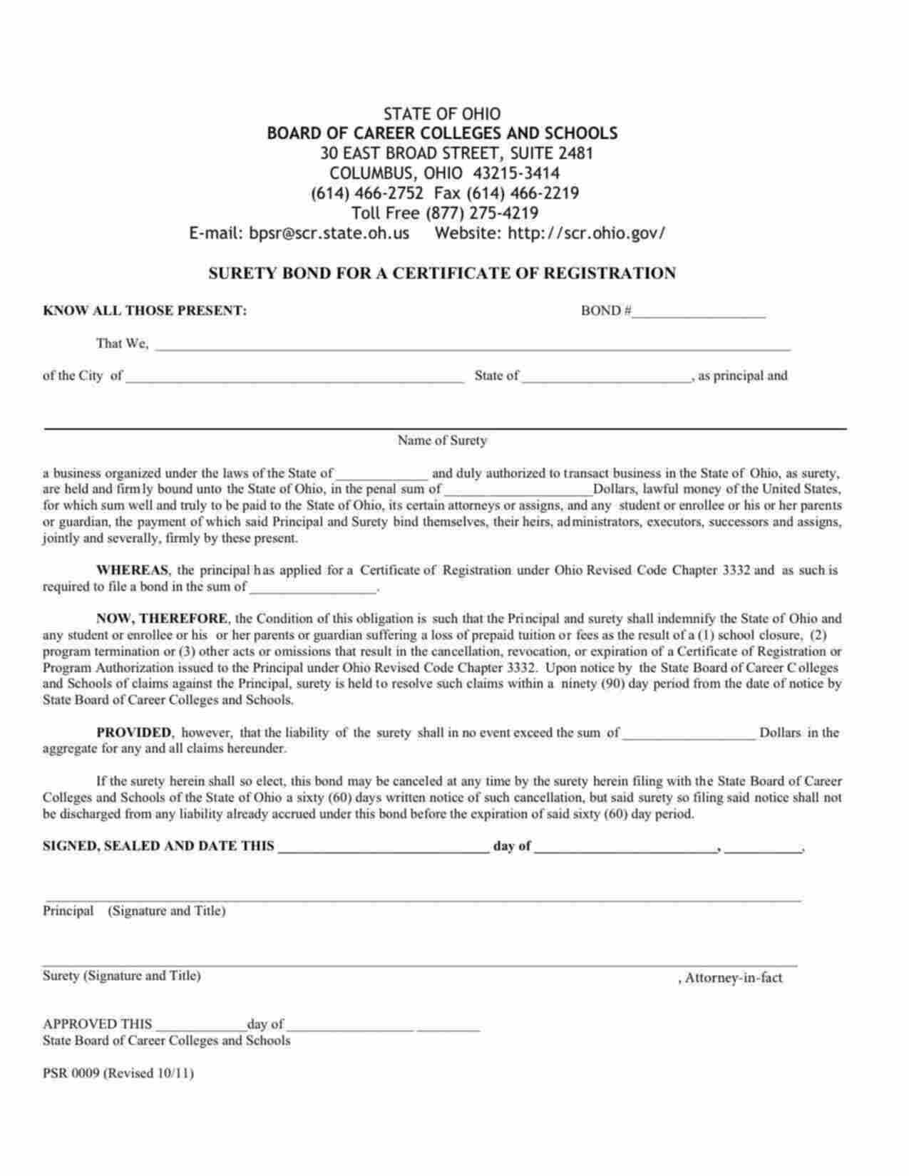 Ohio Career Colleges and Schools Certificate of Registration Bond Form