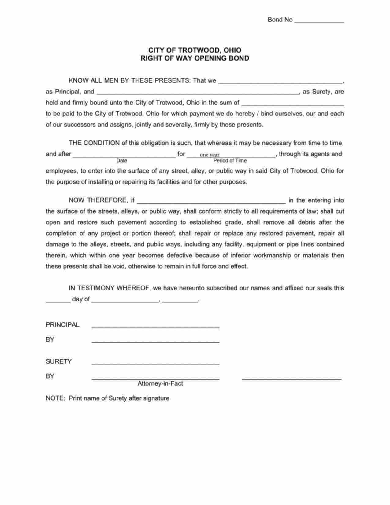 Ohio Right of Way Opening Bond Form