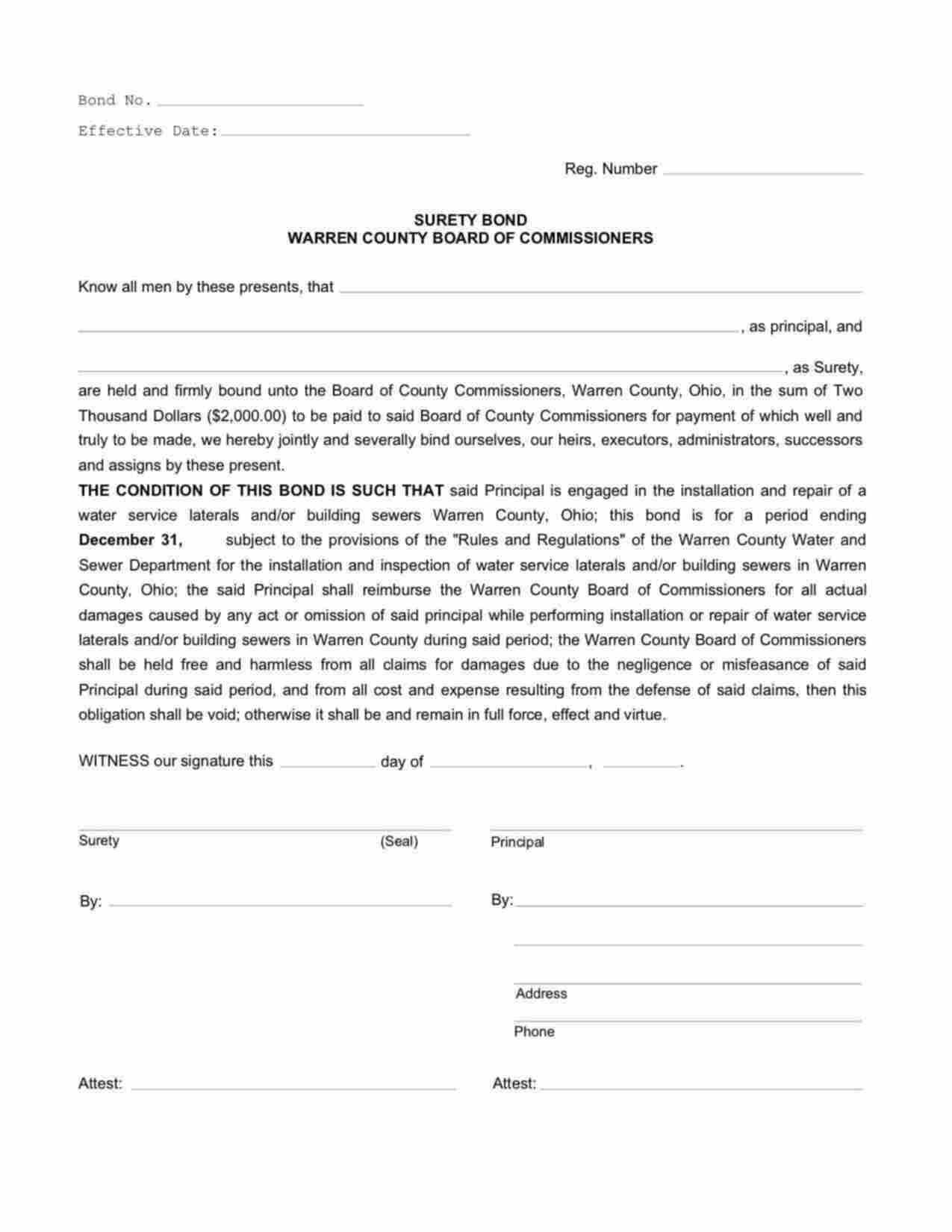 Ohio Water Service Laterals and/or Building Sewers Bond Form