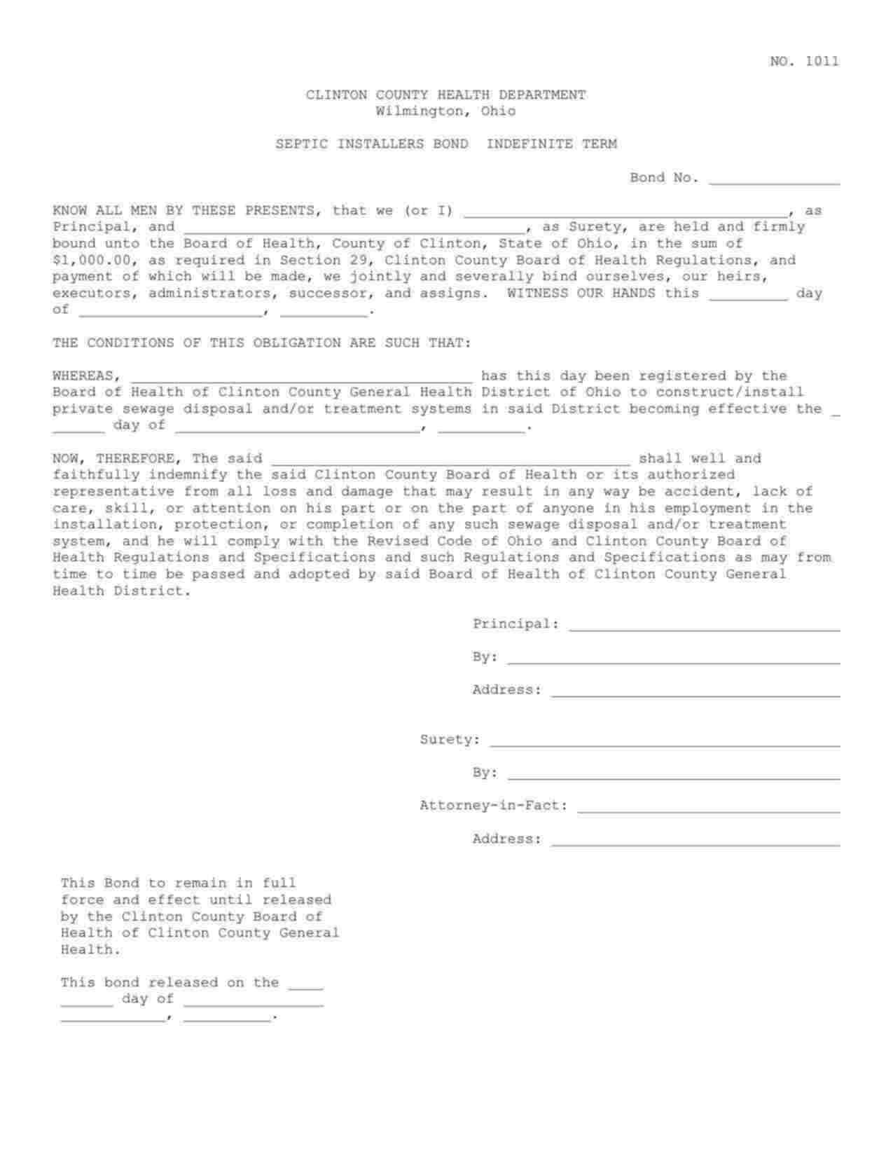 Ohio Septic Installer Bond Form