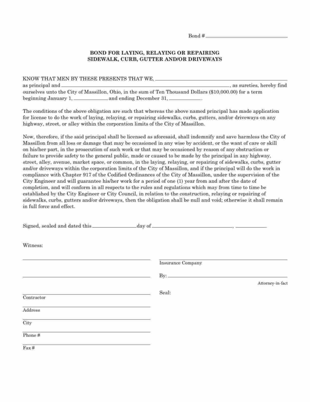 Ohio Laying, Relaying or Repairing Sidwalk, Curb, Gutter and/or Driveways Bond Form